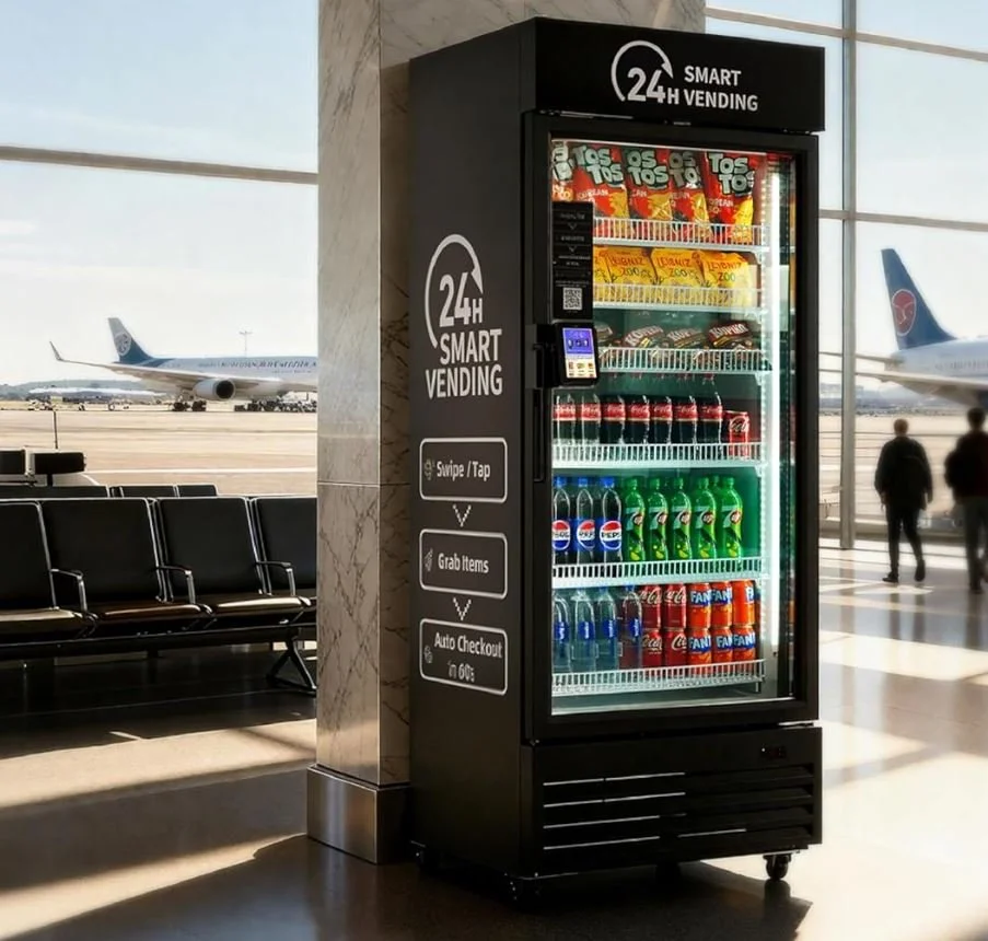 A vending machine near the airport window filled with snacks and drinks, with airplanes visible outside the window.
