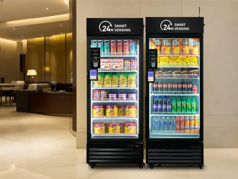 Two smart coolers labeled '24H SMART VENDING', stocked with snacks and beverages, located in a hotel or office lobby.