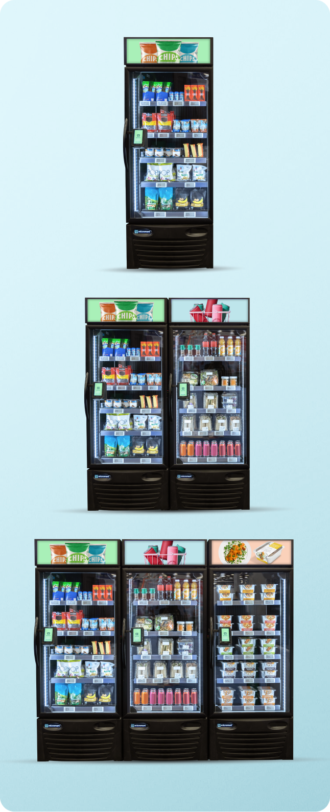 A vertical display of refrigerated vending machines filled with snacks and drinks, with a plain light blue background.