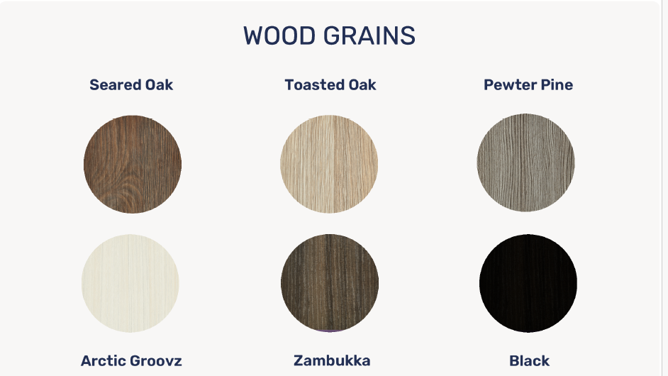 Chart displaying six wood grain color options, including Seared Oak, Toasted Oak, Pewter Pine, Arctic Groovz, Zambukka, and Black.