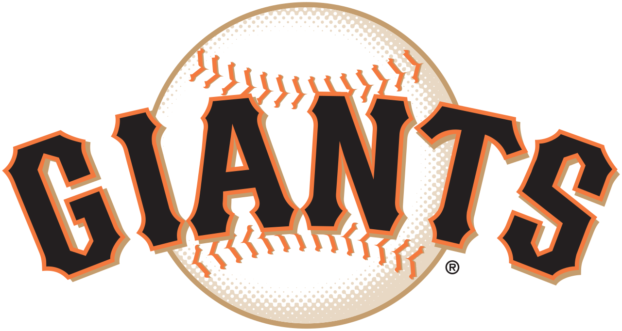 San Francisco Giants logo with the team name in bold black letters outlined in orange, overlaid on a baseball with orange stitches.