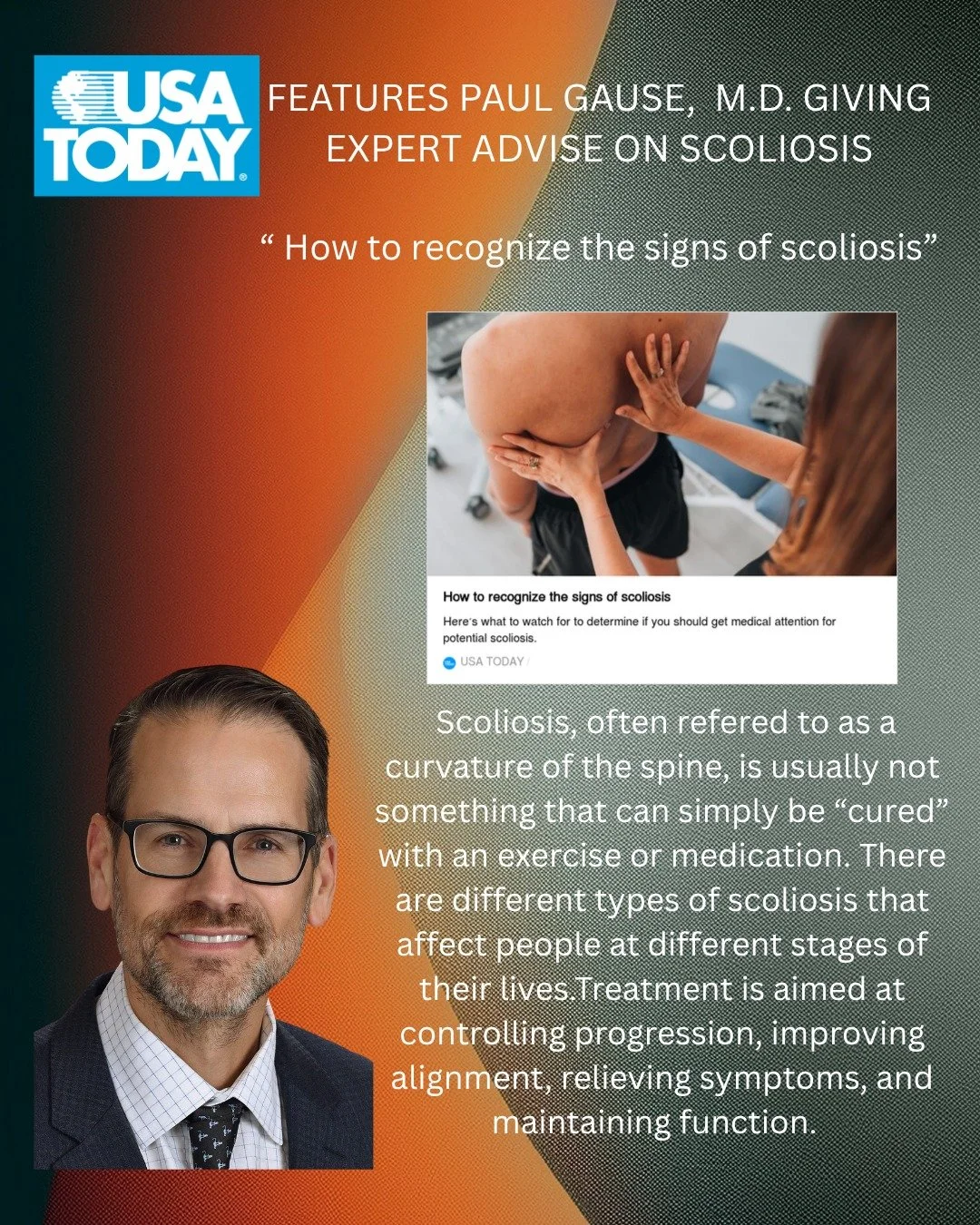 To read the full USA Today article featuring Dr. Gause click on the link: https://www.usatoday.com/story/life/health-wellness/scoliosis-symptoms-to-be-aware-of/91447766007/