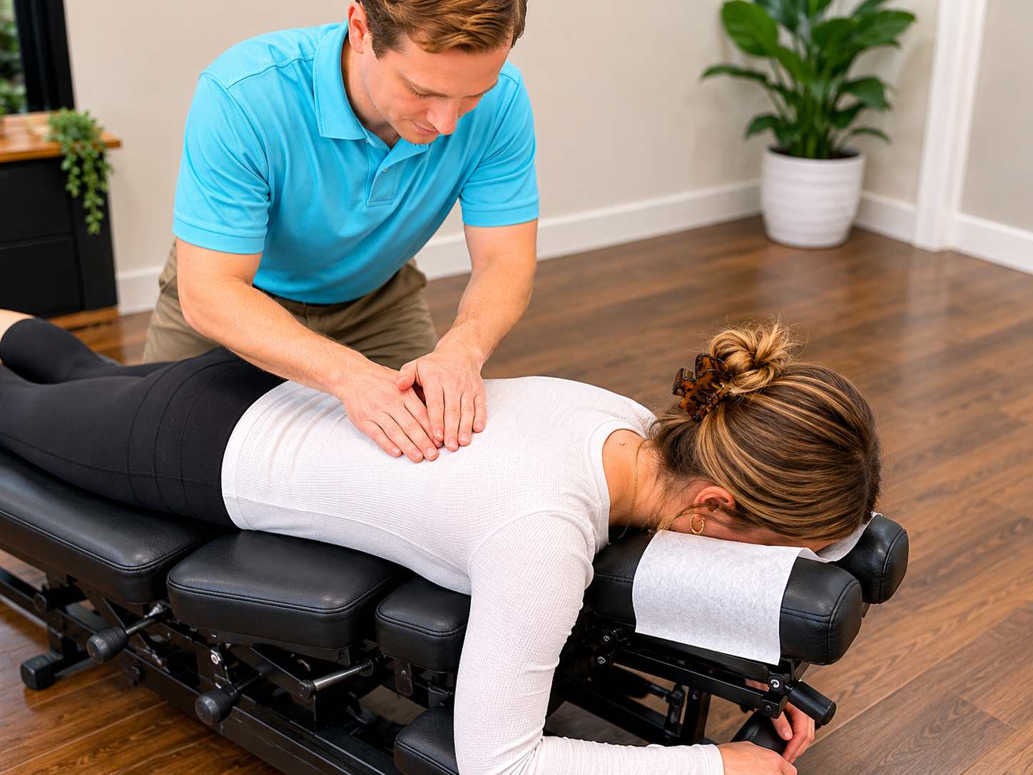 A chiropractor adjusting a woman lying face down on a chiropractic table in a treatment room. Brighter Chiropractic - Chiropractic Care in Harrisonburg, Virginia.