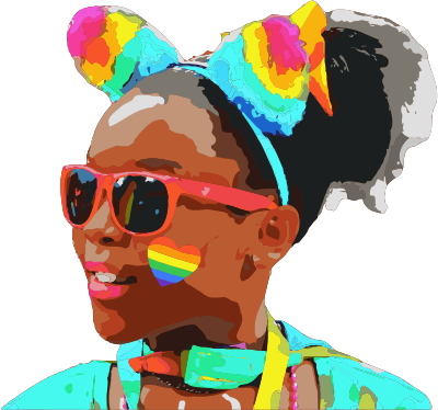 A queer black woman wearing colorful rainbow pride themed accessories and rainbow sunglasses, with rainbow ear decorations, and a rainbow sticker on her face.