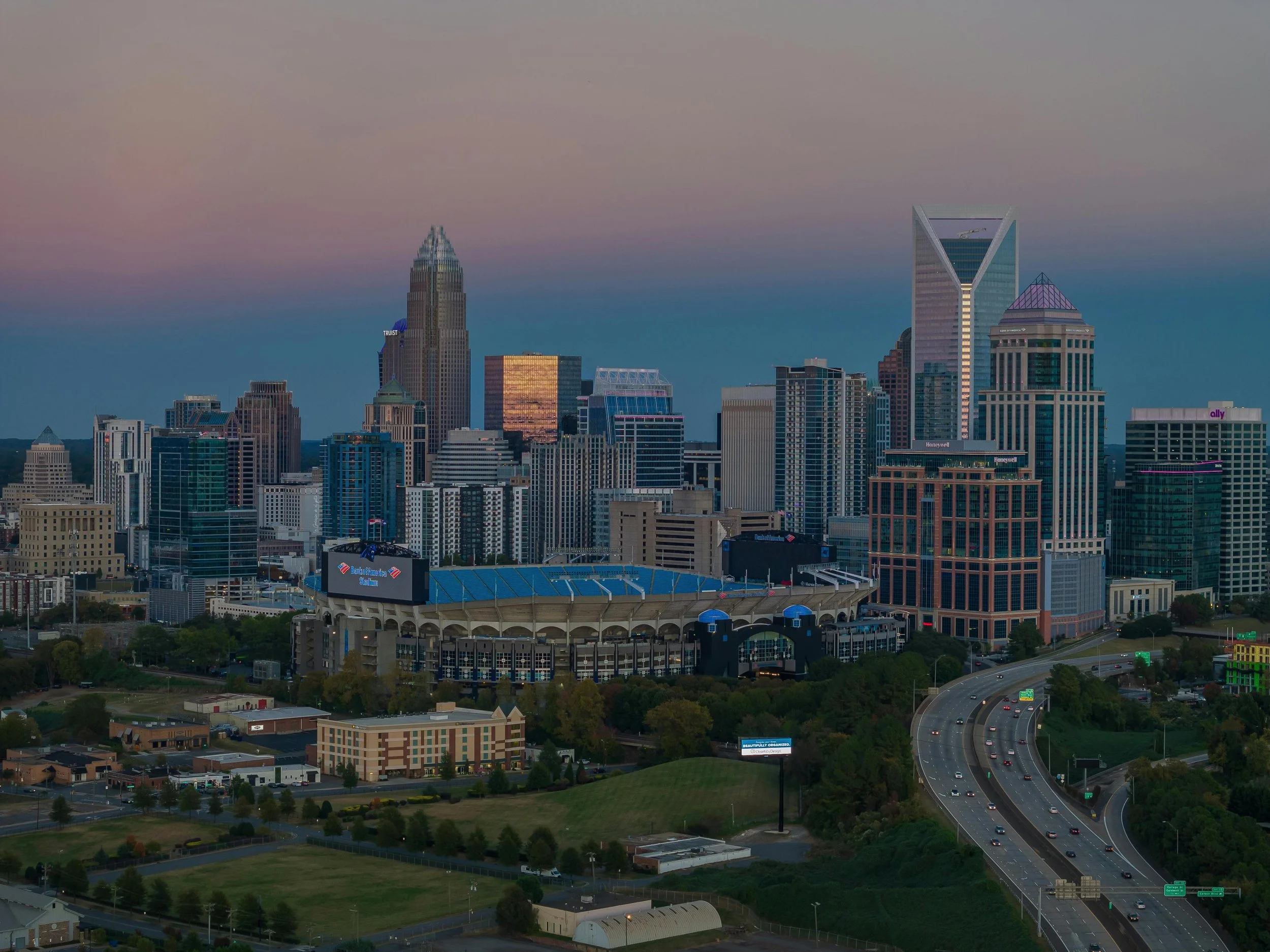 Cityscape with Skyscrapers and Bank of America Stadium in Charlotte, North Carolina, USA