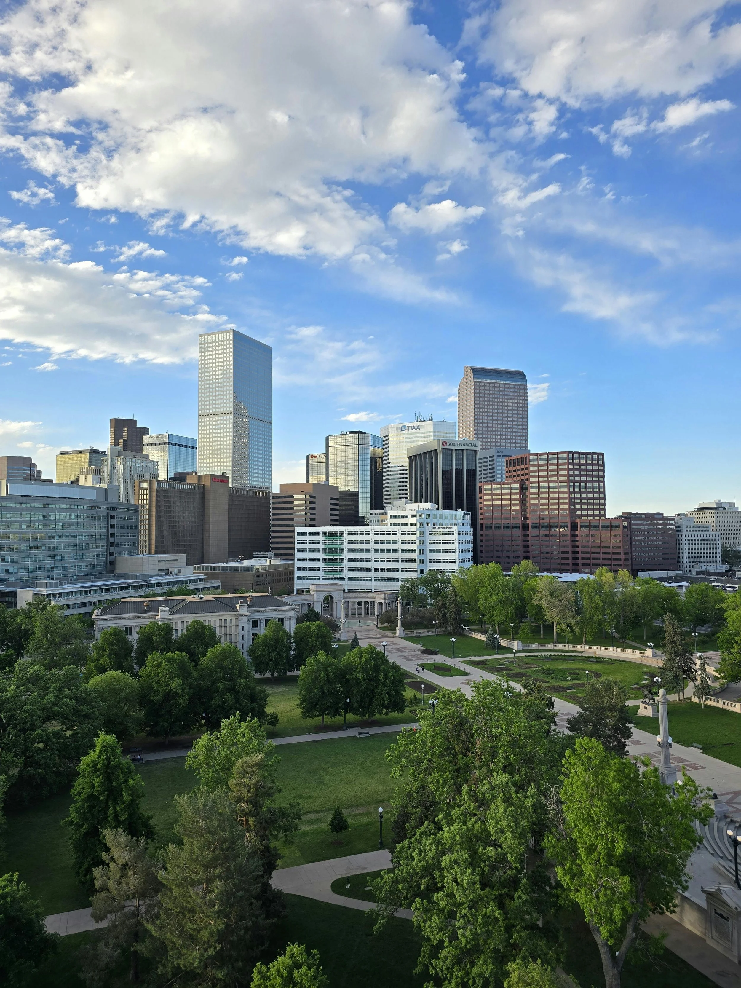 Aerial View of Downtown Denver, Co Skyline, one of the many cities Dr. Mary Woodson provides telehealth therapy.