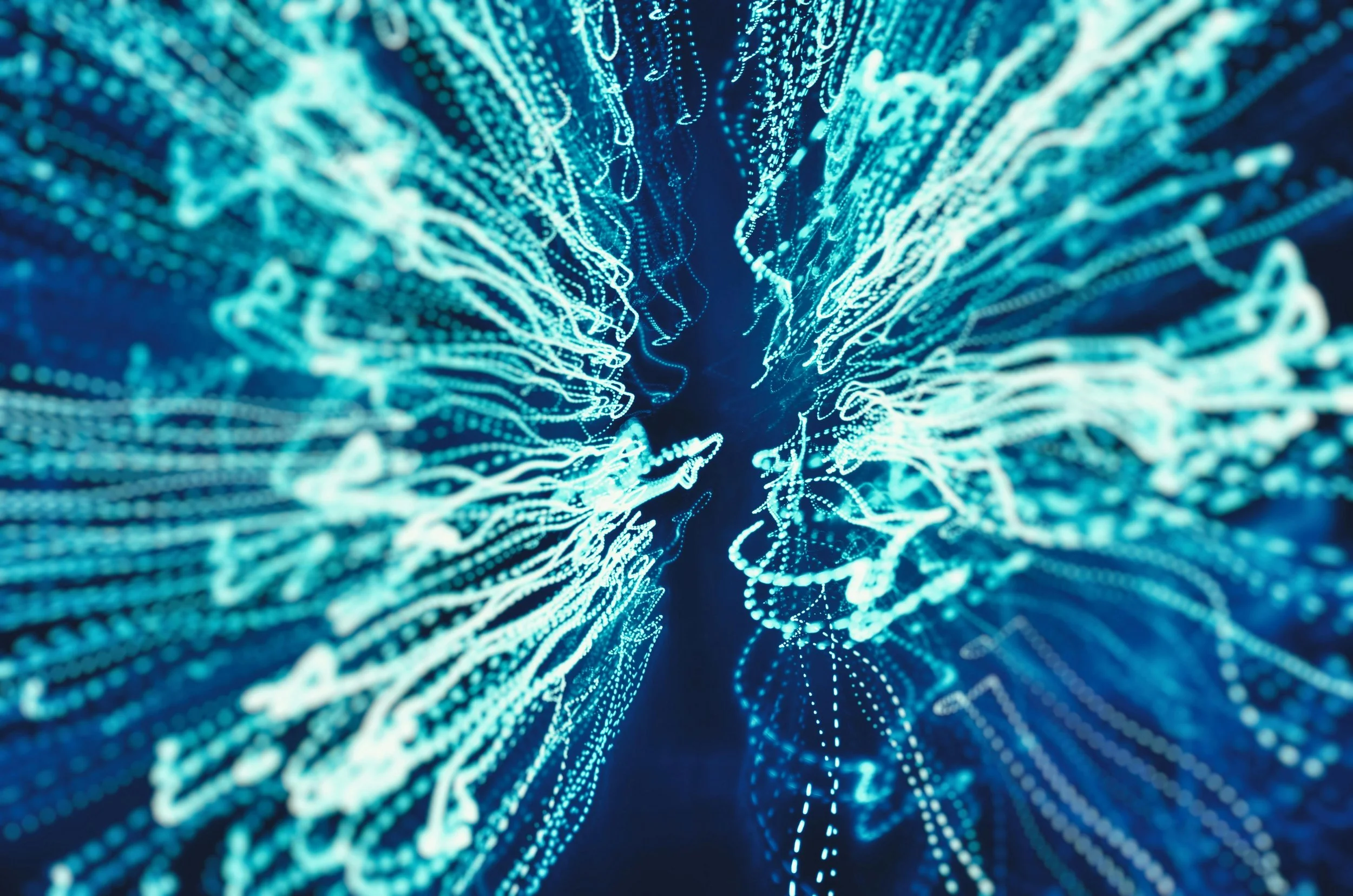 Abstract blue and green neuronal pathways representing how queer black woman therapist, Dr. Mary Woodson, can help organize neurodivergent minds.