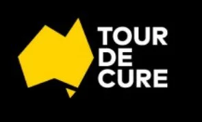 Logo for Tour de Cure featuring a yellow map marker shape with black background and white text.