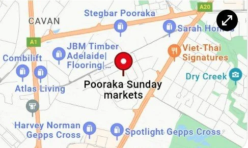 Map showing the location of Poorka Sunday markets surrounded by various businesses and landmarks including JBM Timber Adelaide Floorings, Combilift, Atlas Living, Harvey Norman, Gepps Cross, and other avenues.
