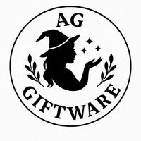 Logo with a witch's hat on a witch's head, surrounded by stars and laurel branches, with the words 'AG Giftware' in a circle.