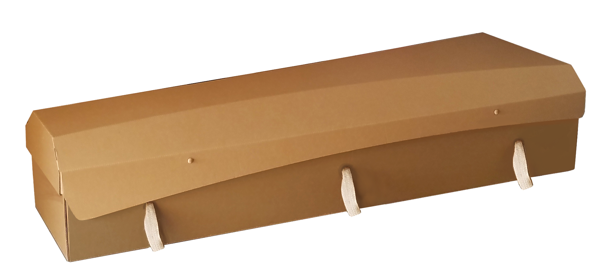 A long, rectangular cardboard coffin with a lid, featuring fabric handles on the sides.