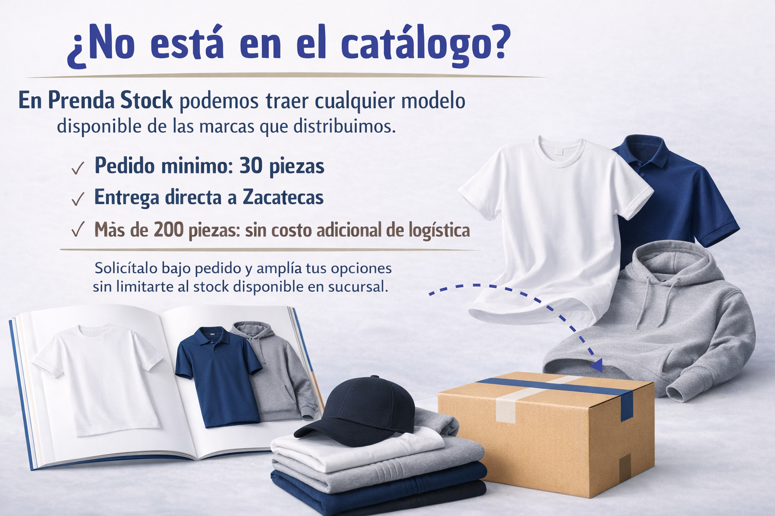 Anuncio de servicios de stock de prendas con camisetas, sudadera con capucha, gorra, y caja de cartón