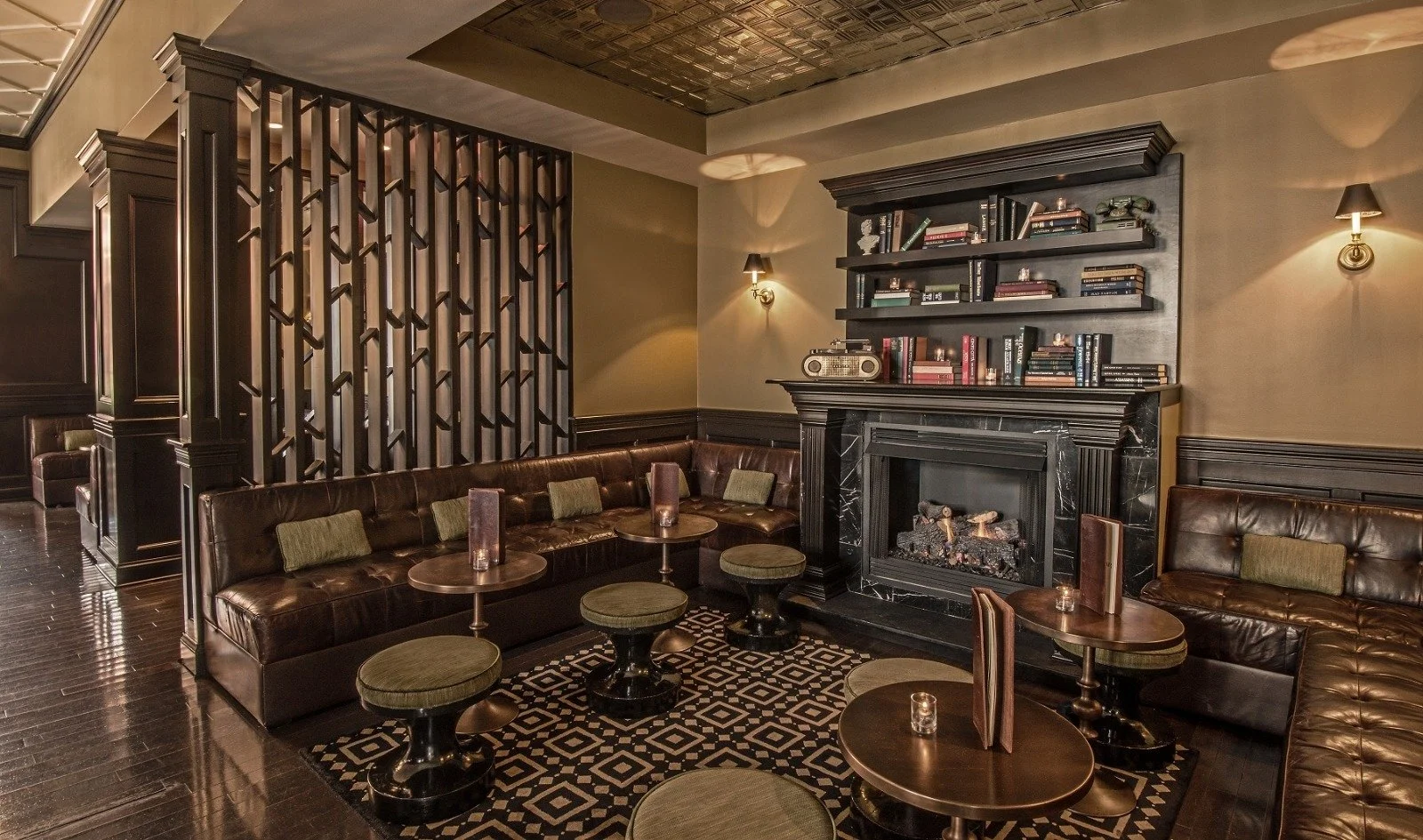 Interior seating and fireplace at Drumbar Chicaco