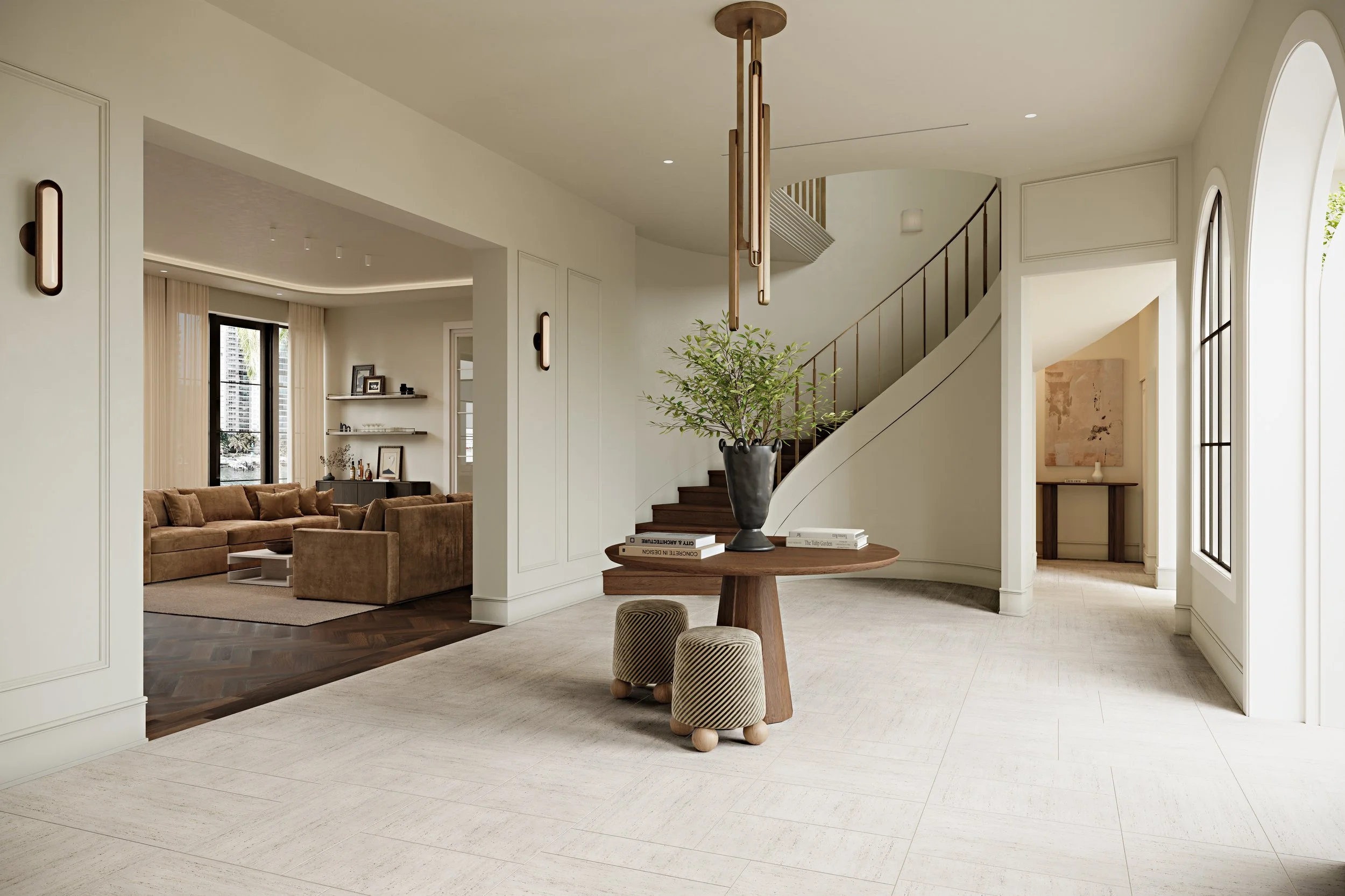 Luxury Foyer Design with Spiral Stairs, Open Space and Modern Styling