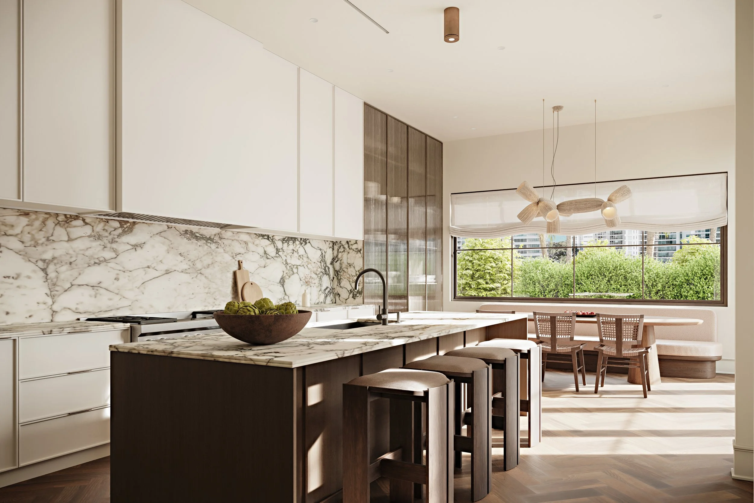 A modern custom, light-filled kitchen with modern styling and luxury finishes