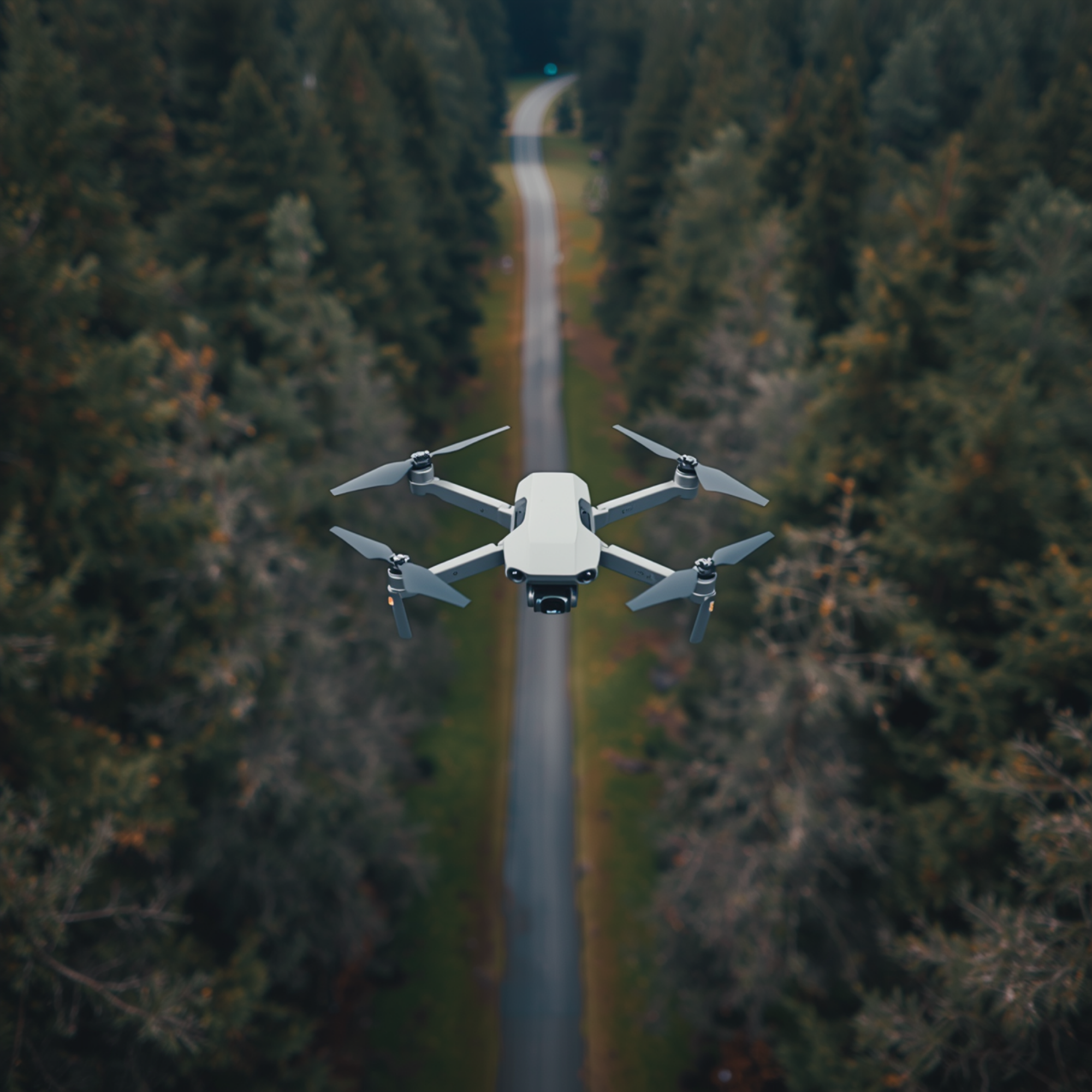 A drone flying over a winding road through a forested area during daytime.