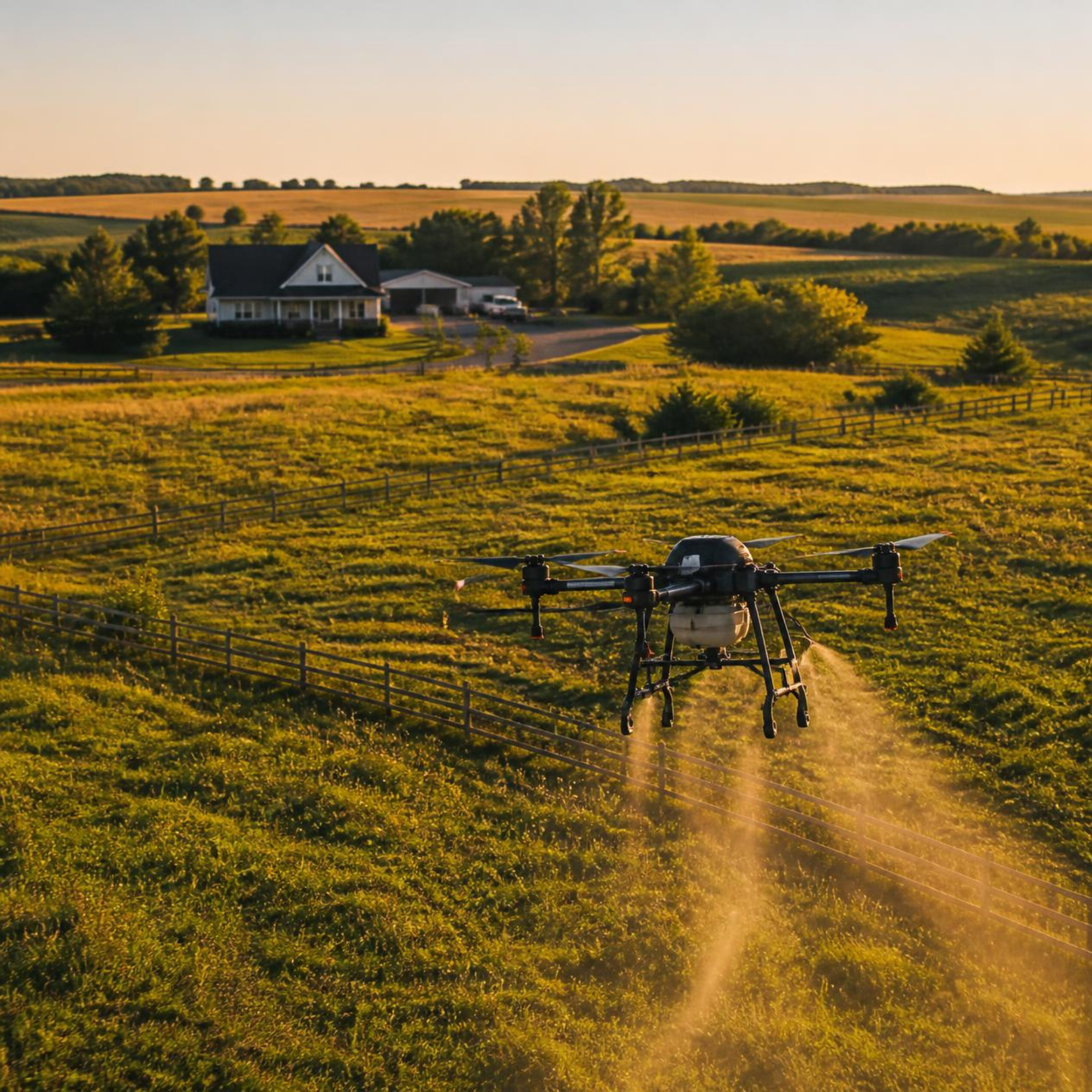 A scenic countryside landscape at sunset with a house, trees, rolling fields, a fence, and a drone flying low over the grass.