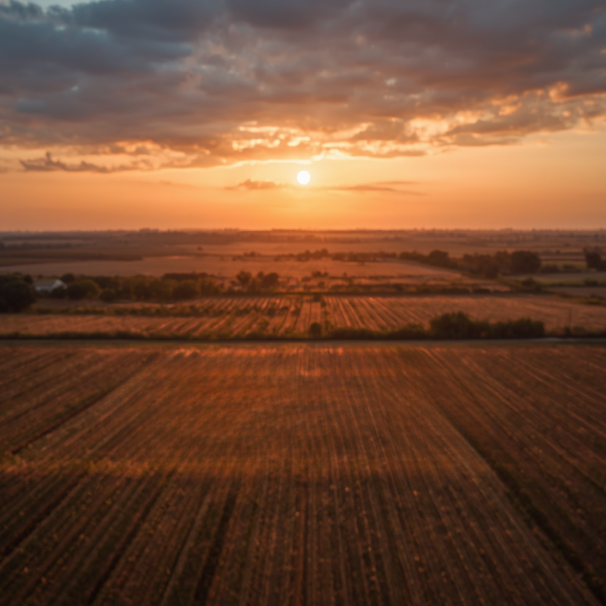 A sunset over a flat landscape with a field of cultivated land in the foreground, dark clouds in the sky, and the sun near the horizon casting a warm glow.