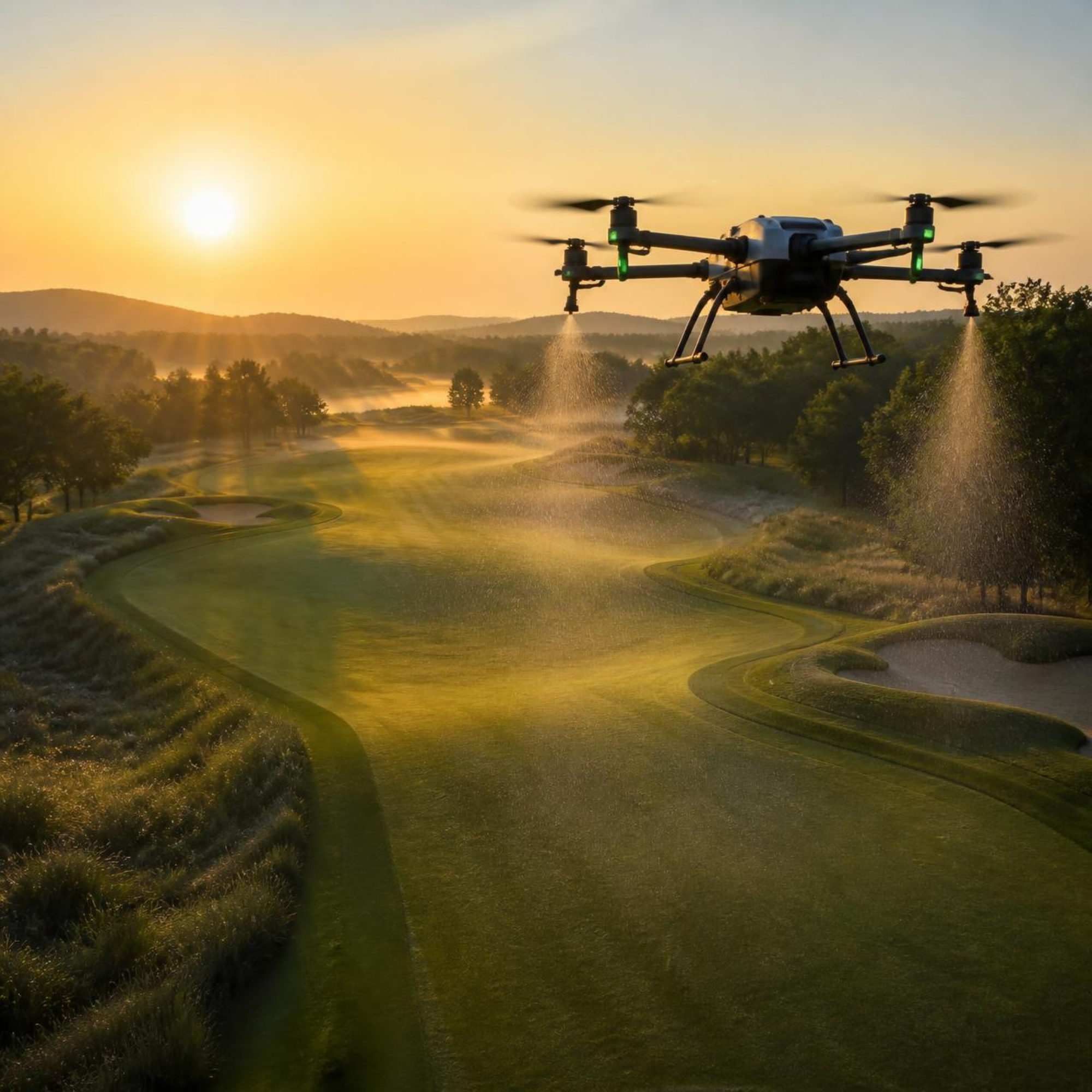 A drone flying over a golf course at sunset, spraying water or fertilizer, with hills and trees in the background.