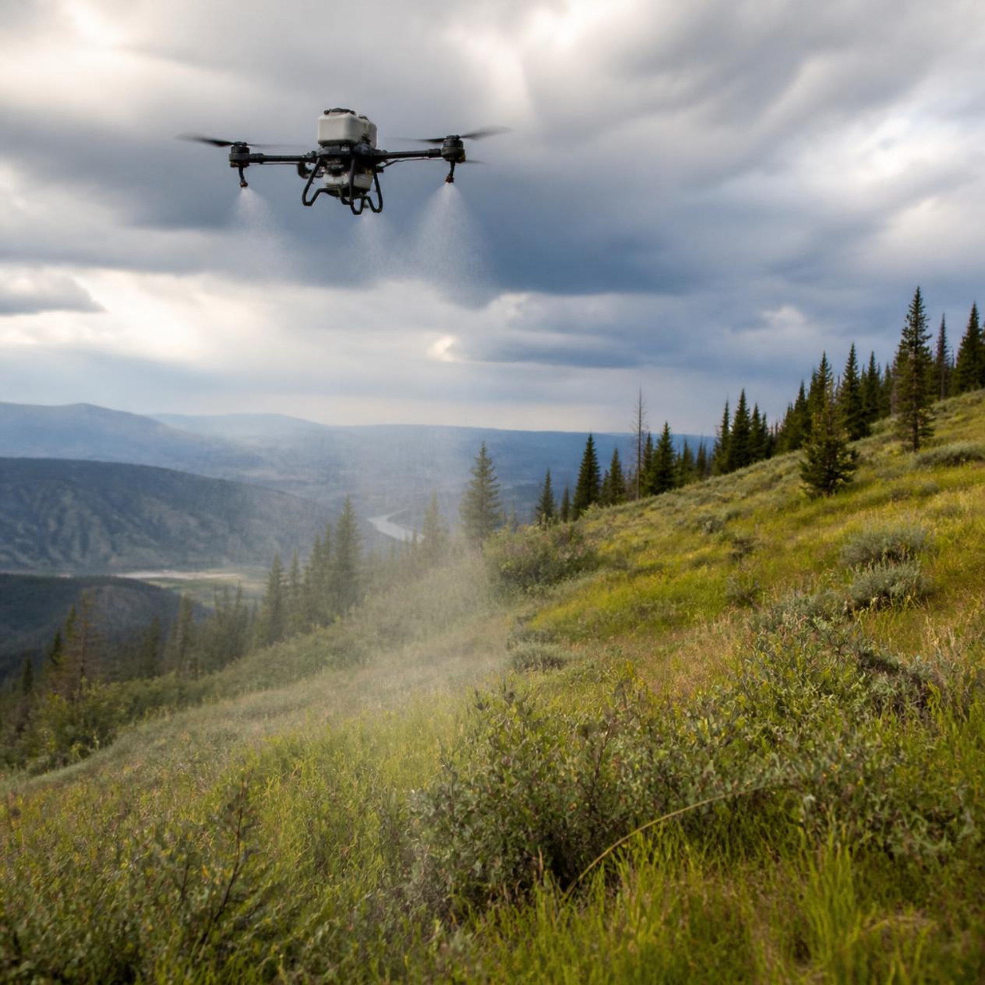 A drone flying over a grassy hillside with trees, spraying pesticides or water in a forested area under a cloudy sky.