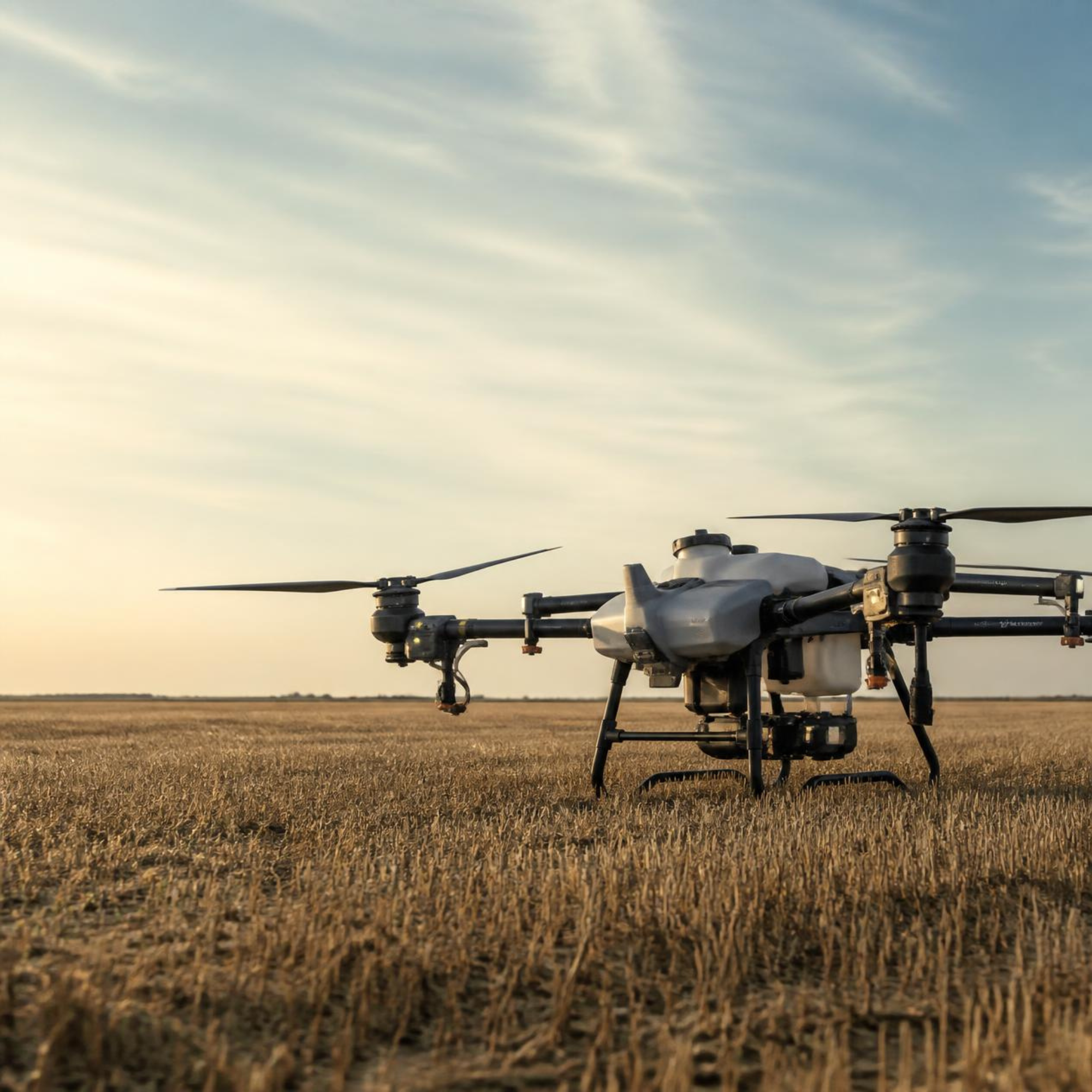 A drone with propellers flying over a grassy field during sunset.