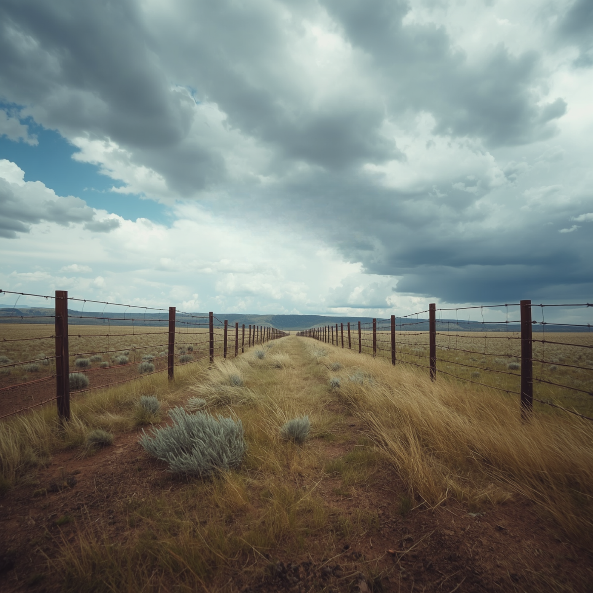A dirt road running through an open field with a grassy and shrub-covered landscape, fenced by wooden posts and wire, under a partly cloudy sky.