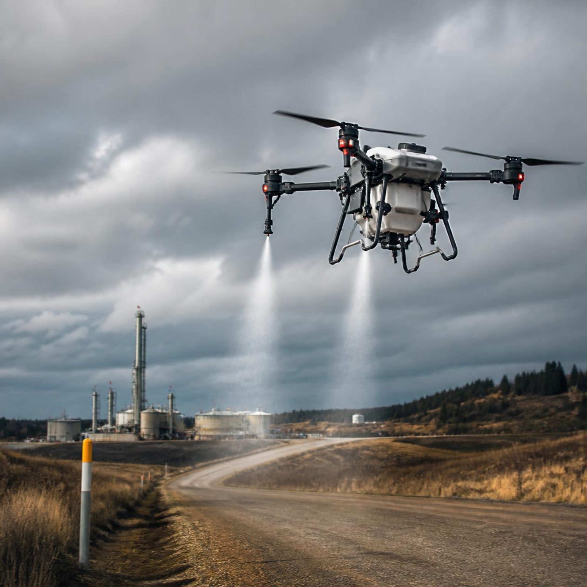 A drone flying over an industrial facility with cloudy skies overhead.
