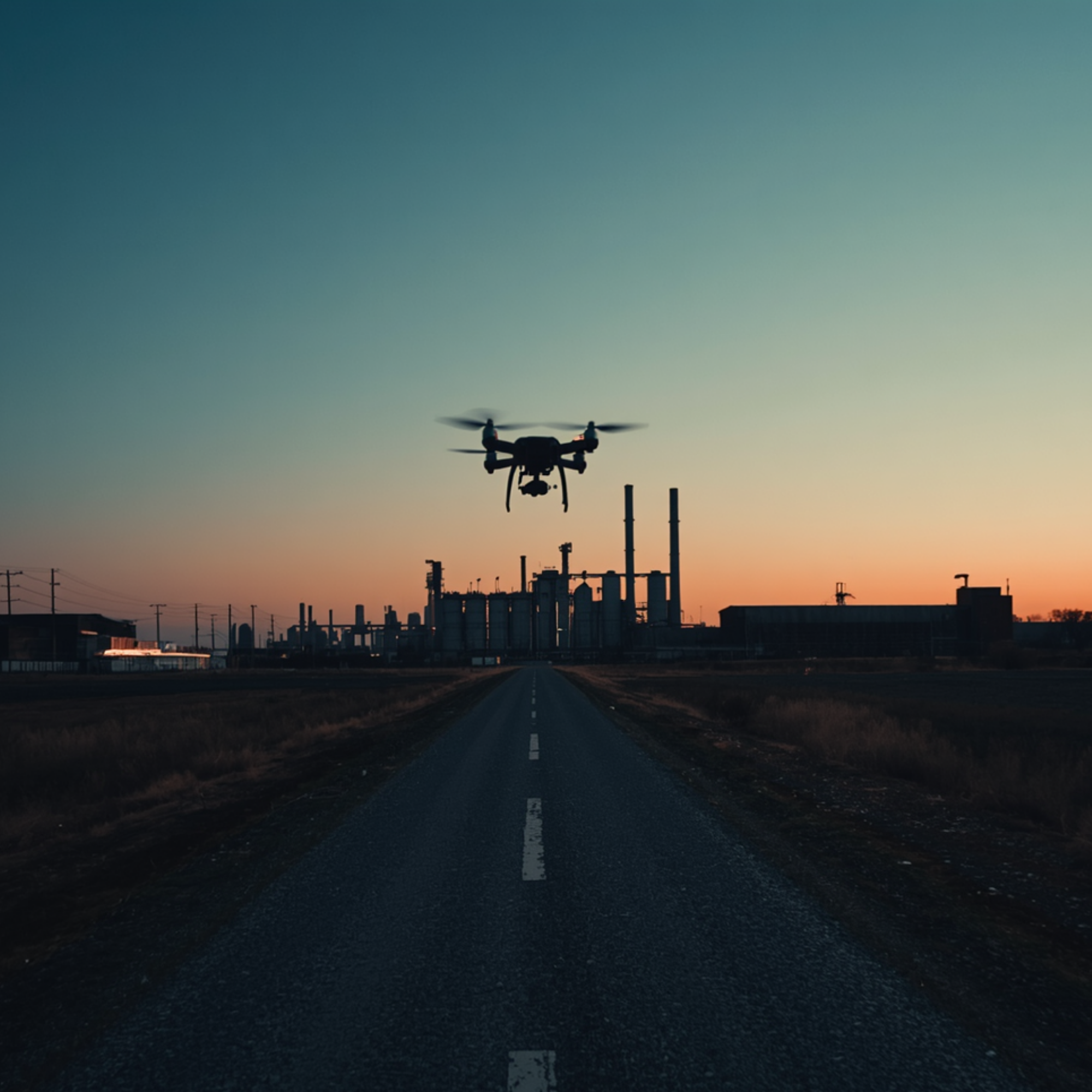 Drone flying over a cityscape during sunset or dusk with industrial buildings and smokestacks in the background.