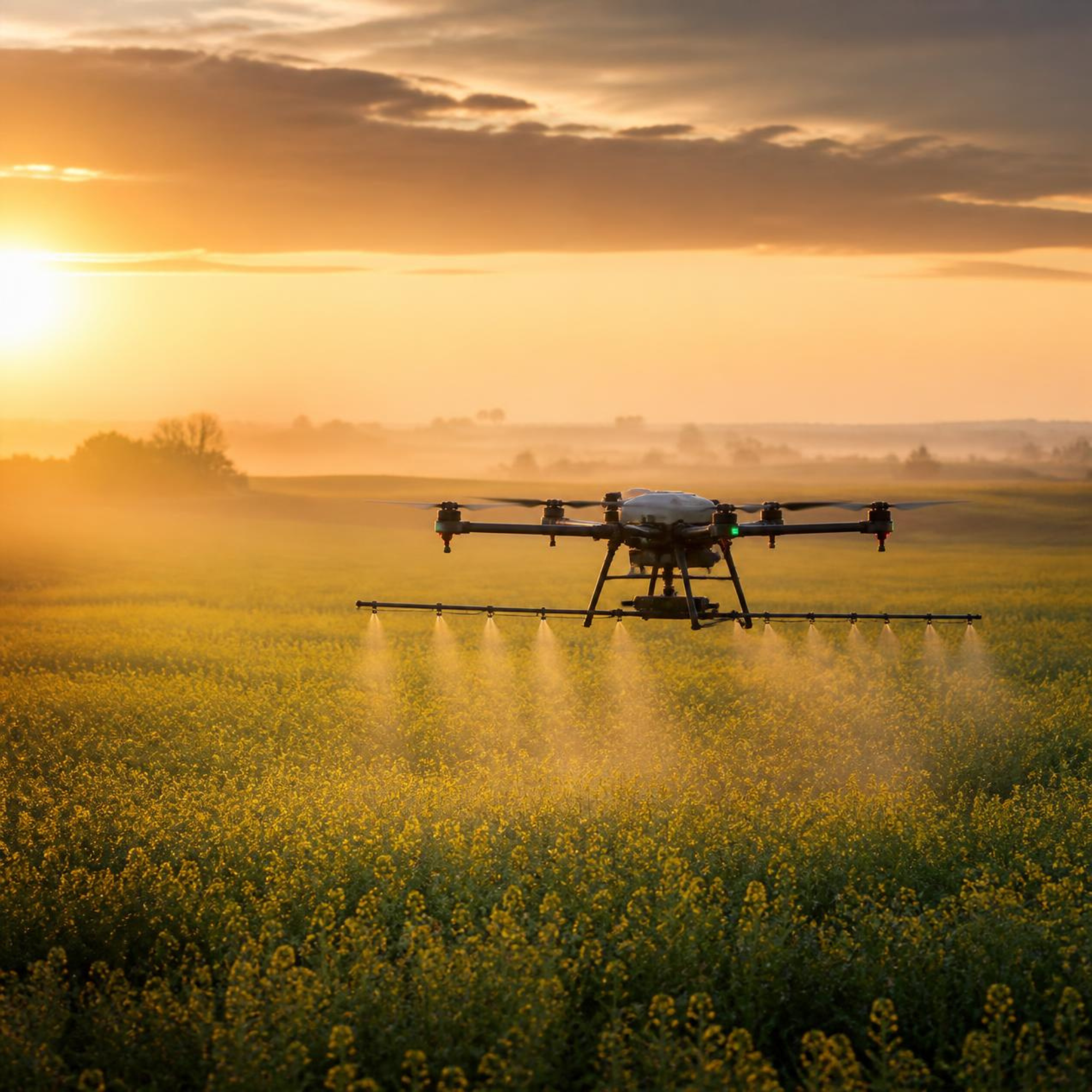 A drone flying over a field of yellow flowers at sunset.