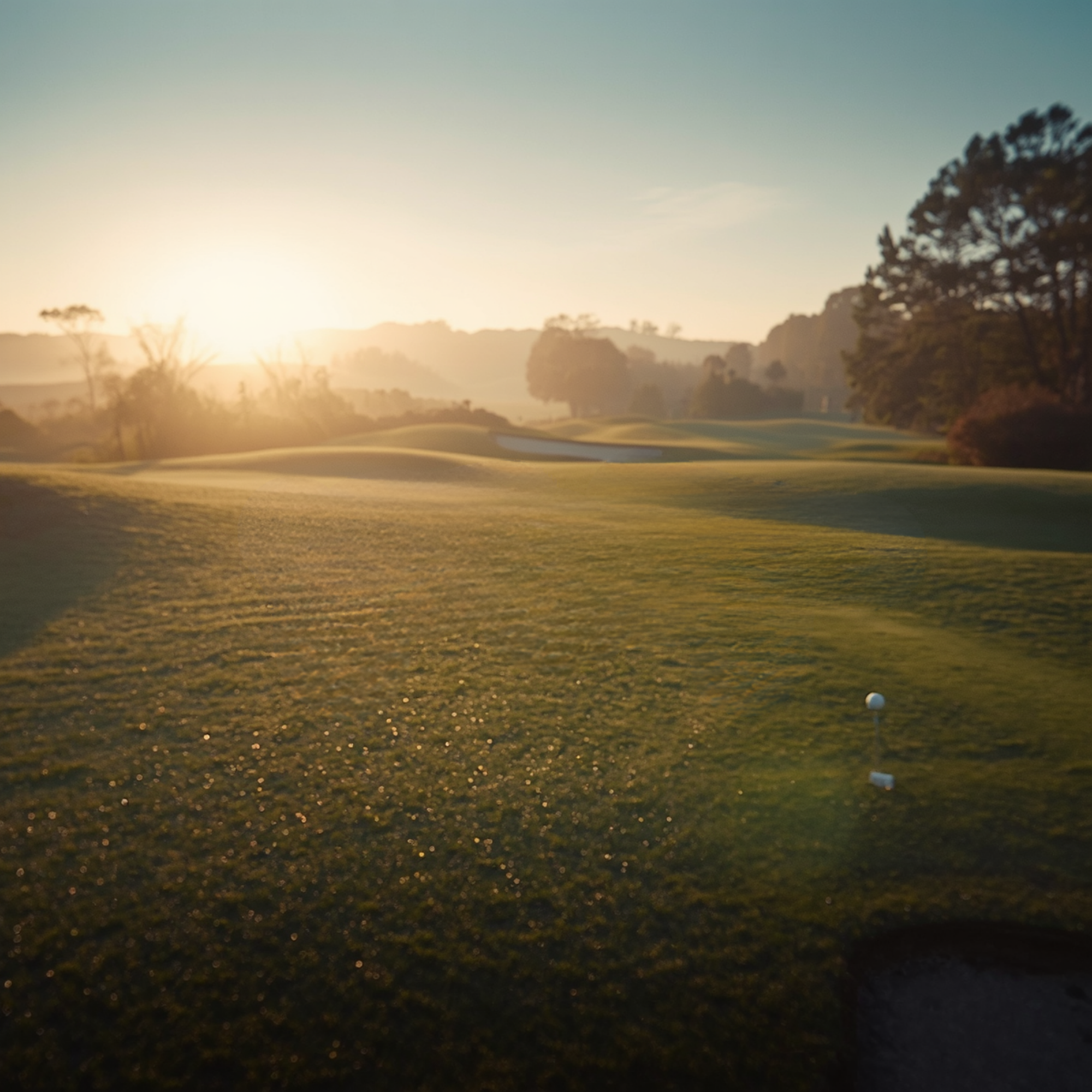 A golf course at sunset with a small white golf ball on the green grass and a flag in the background.
