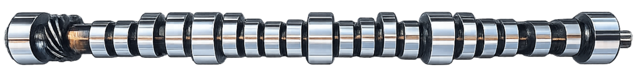 Close-up of a reverse roller camshaft, a marine engine component with multiple lobes used in engines.