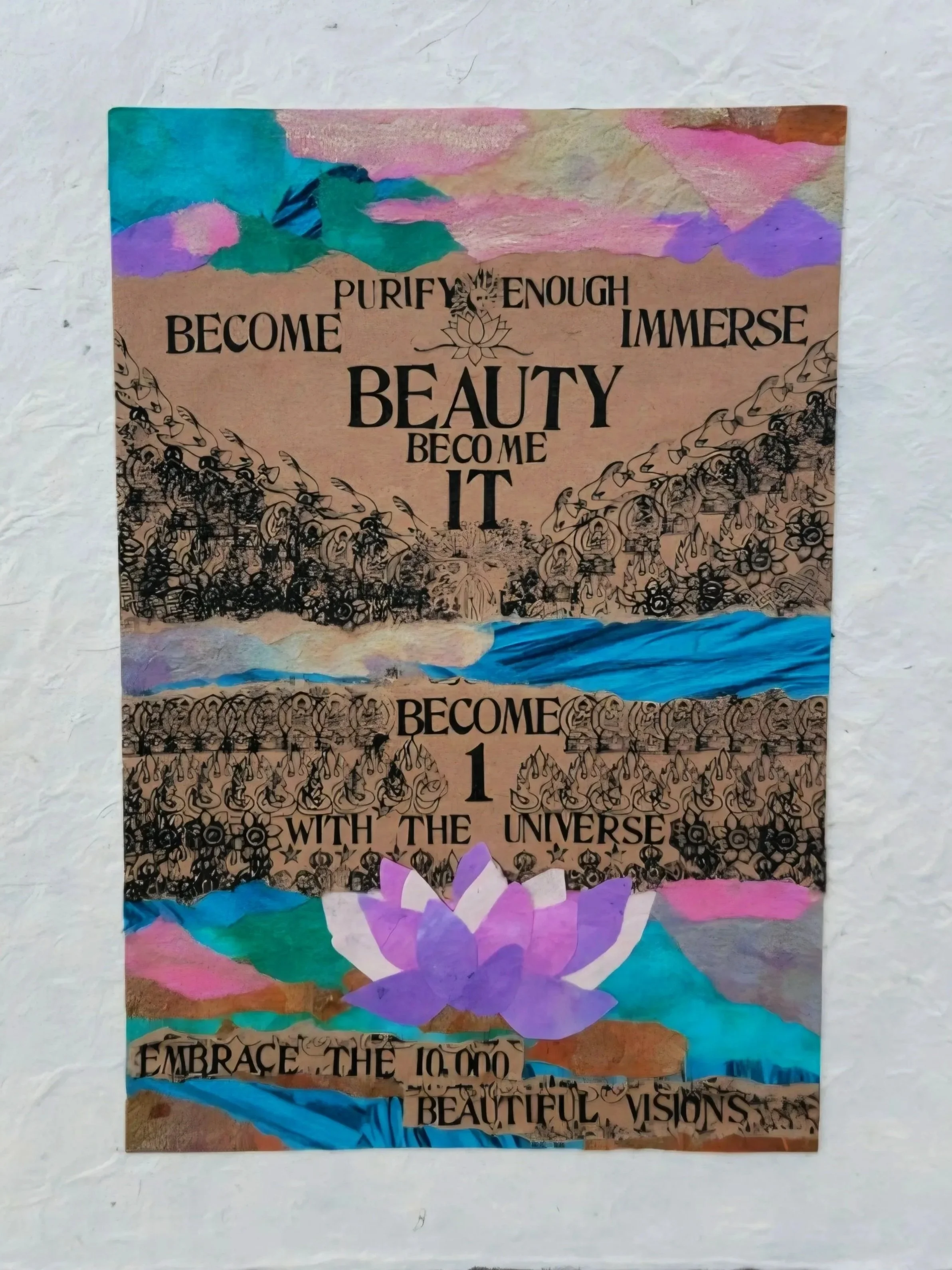 A decorative collage featuring an inspirational quote about beauty and the universe, with colorful background artwork depicting mountains, water, and a lotus flower.