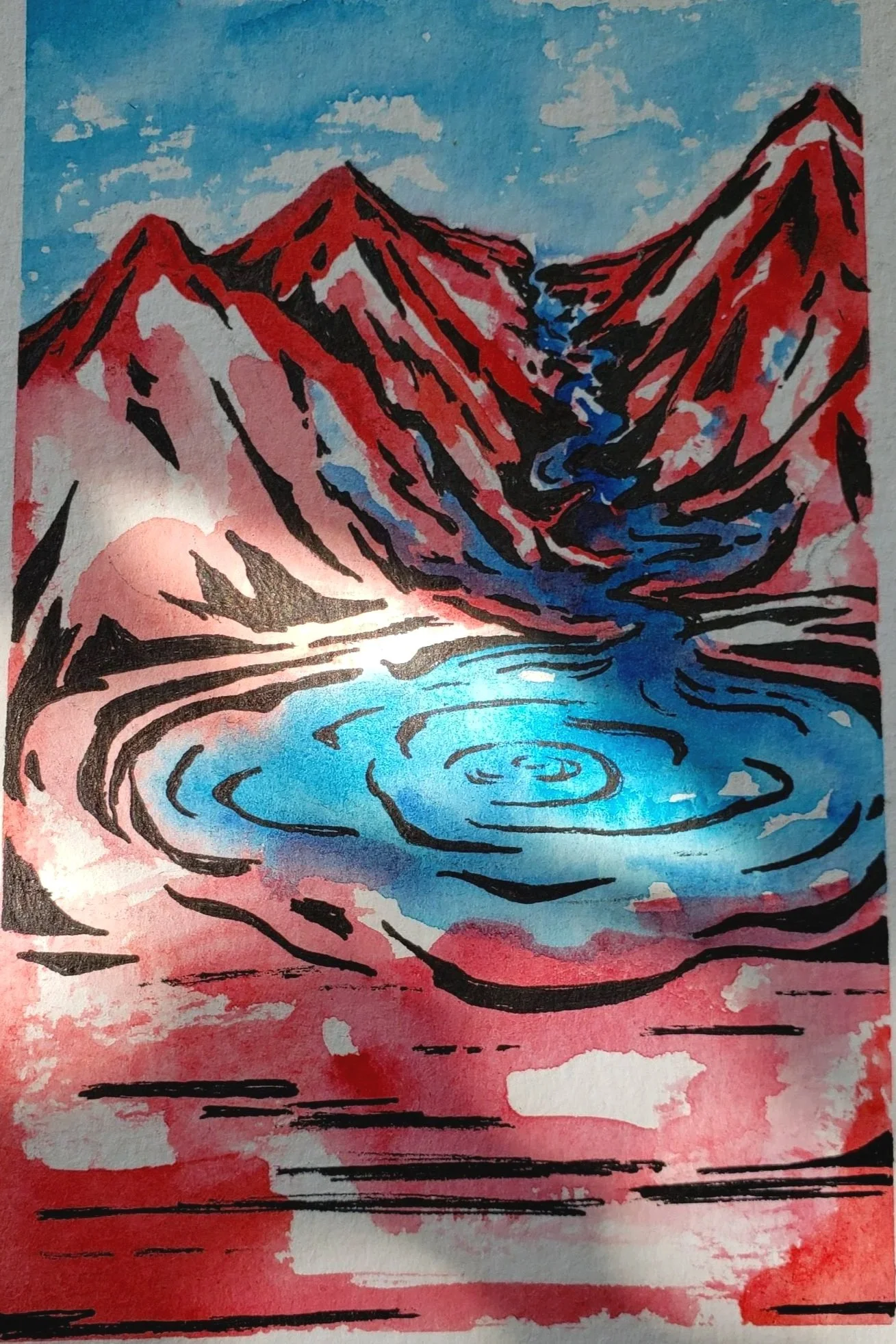 Watercolor painting of a mountain landscape with red peaks, a blue sky, and a blue lake in the foreground, outlined with black lines.