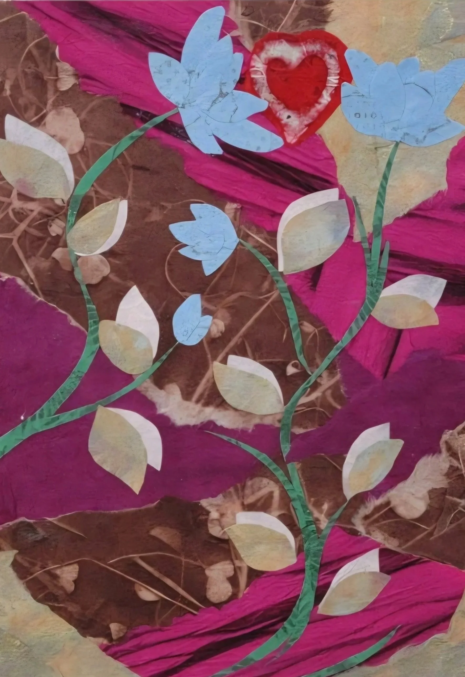 A collage artwork featuring a background of layered pink, brown, and beige paper with a floral design made from cut-out paper shapes of blue, beige, and green, forming a flower with two blue flowers, leaves, and a red heart in the center.