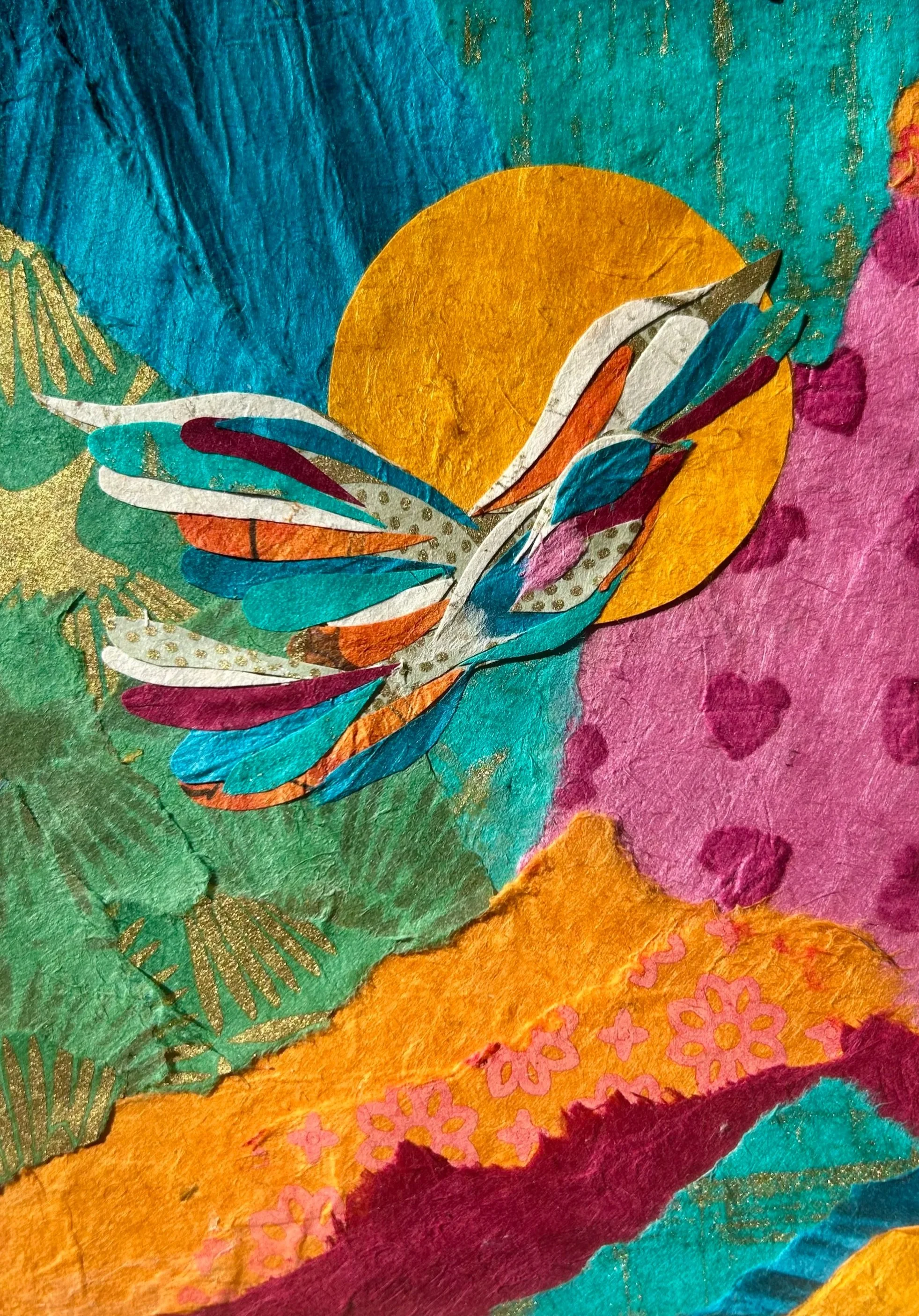 Colorful painting of a butterfly flying in front of a setting or rising sun with abstract background patterns in vibrant colors.
