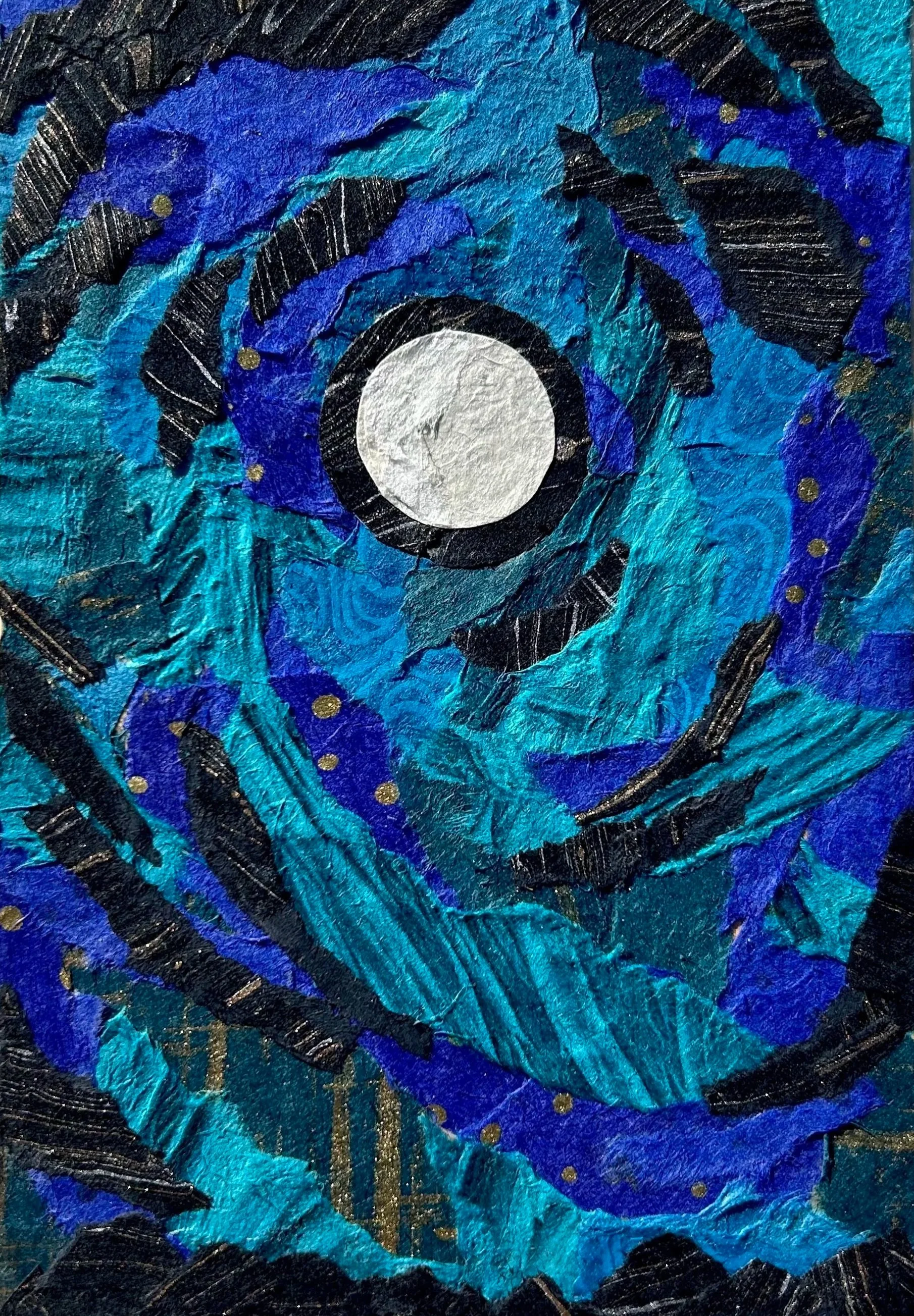 An abstract mixed-media artwork featuring swirling shades of blue, black, and gold, with a central white circle and a textured background.