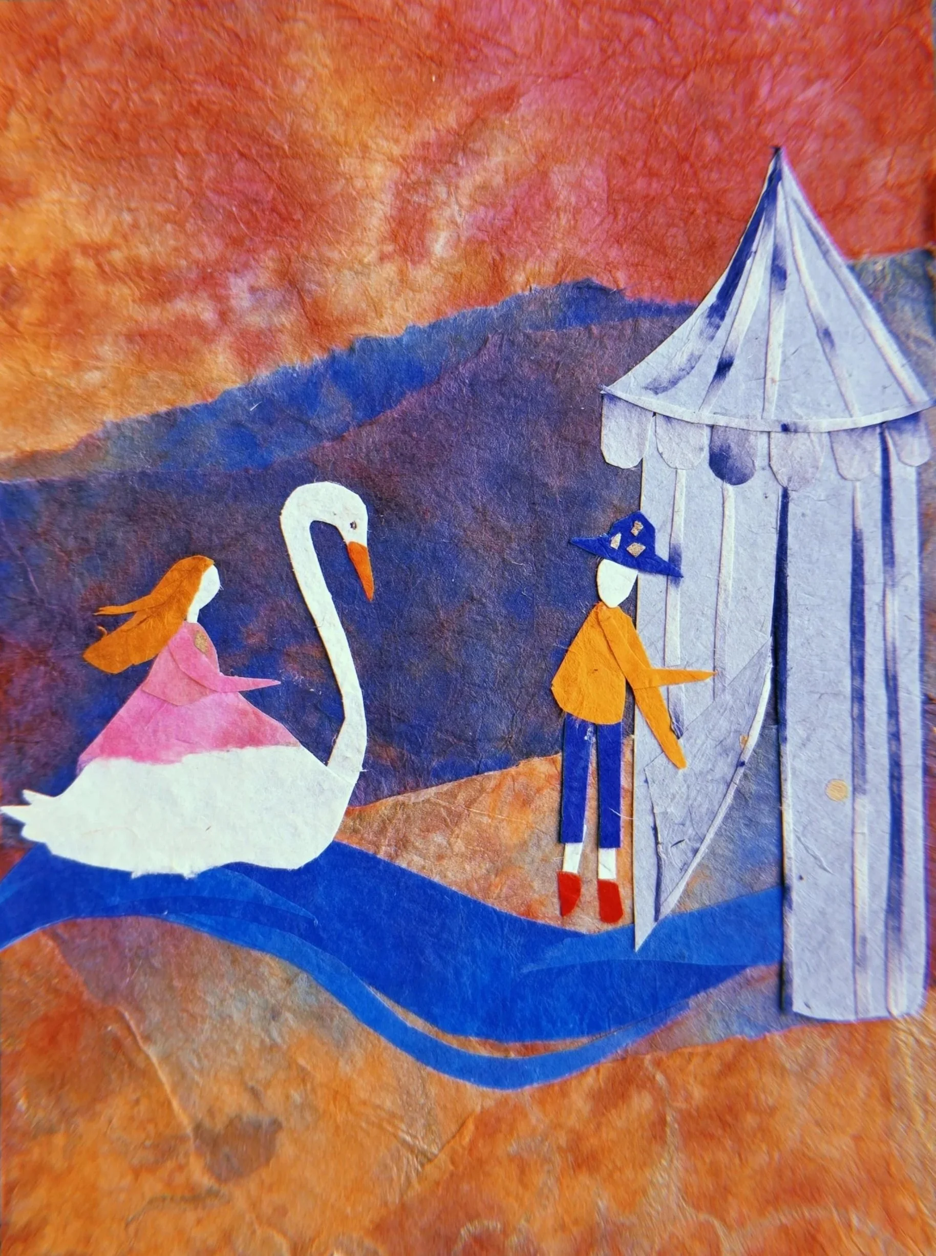 Collage of a girl in a pink dress riding a swan, a boy in a hat and orange shirt standing near a striped tent, set against a mountain and sky background.