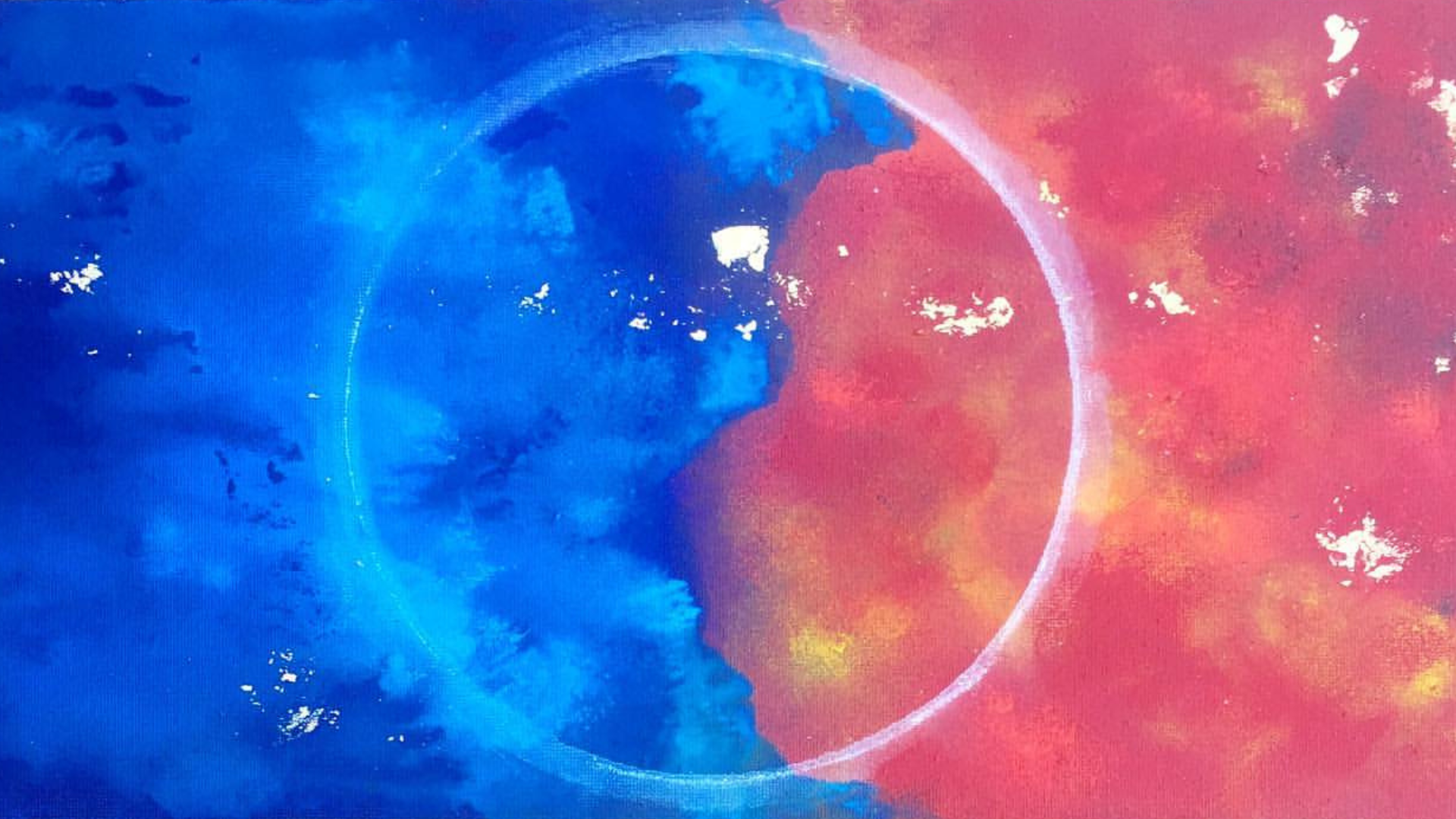 A digital artwork depicting a planet with half in blue and half in red colors, with a glowing ring around it, set against a background of swirling colors.