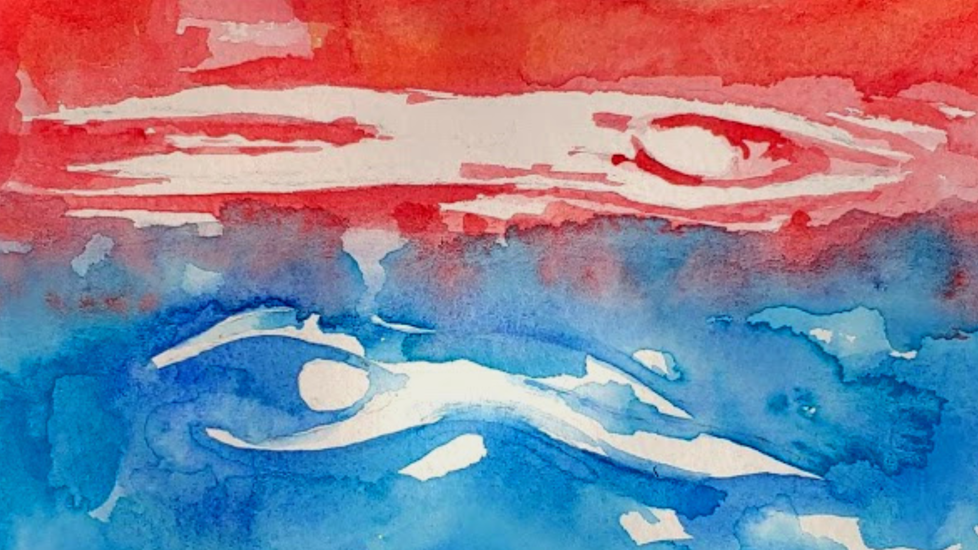 Abstract watercolor painting with blue and red hues, resembling a landscape with a horizon and clouds.