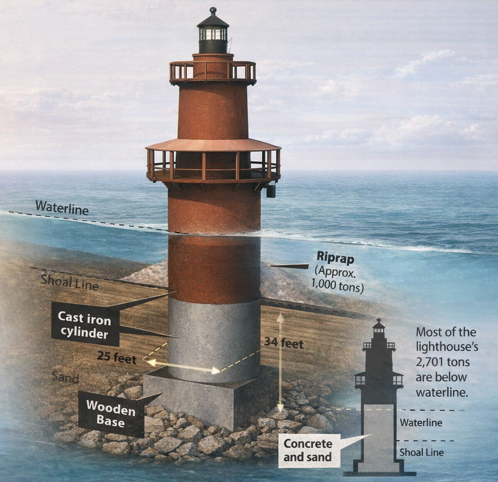 A diagram of Middle Ground Lighthouse showing its construction layers, including the underwater base.