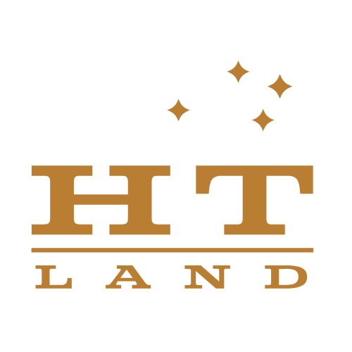 Logo with the words 'HT LAND' in gold, with stars above, on a black background.