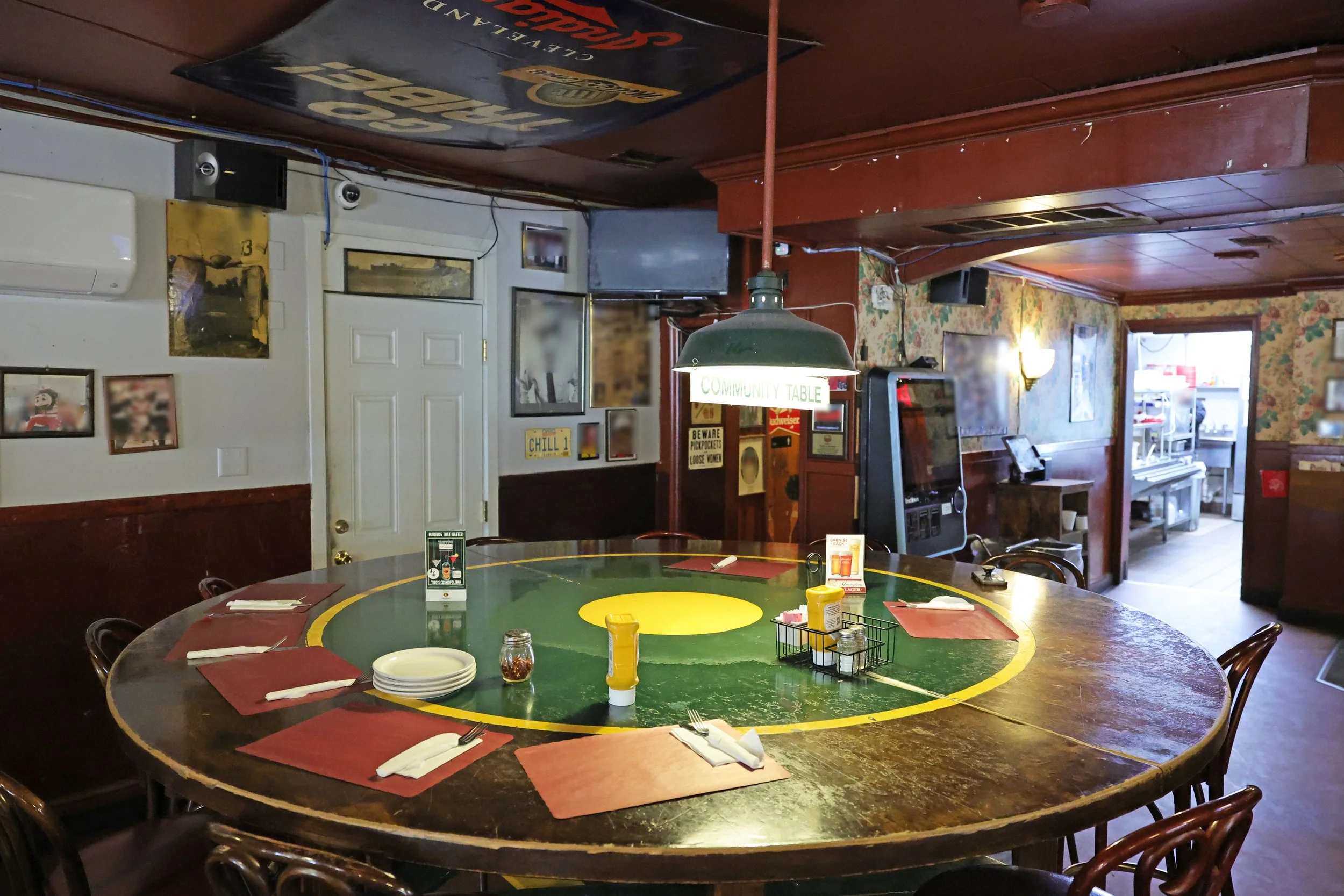 Large community table in restaurant.