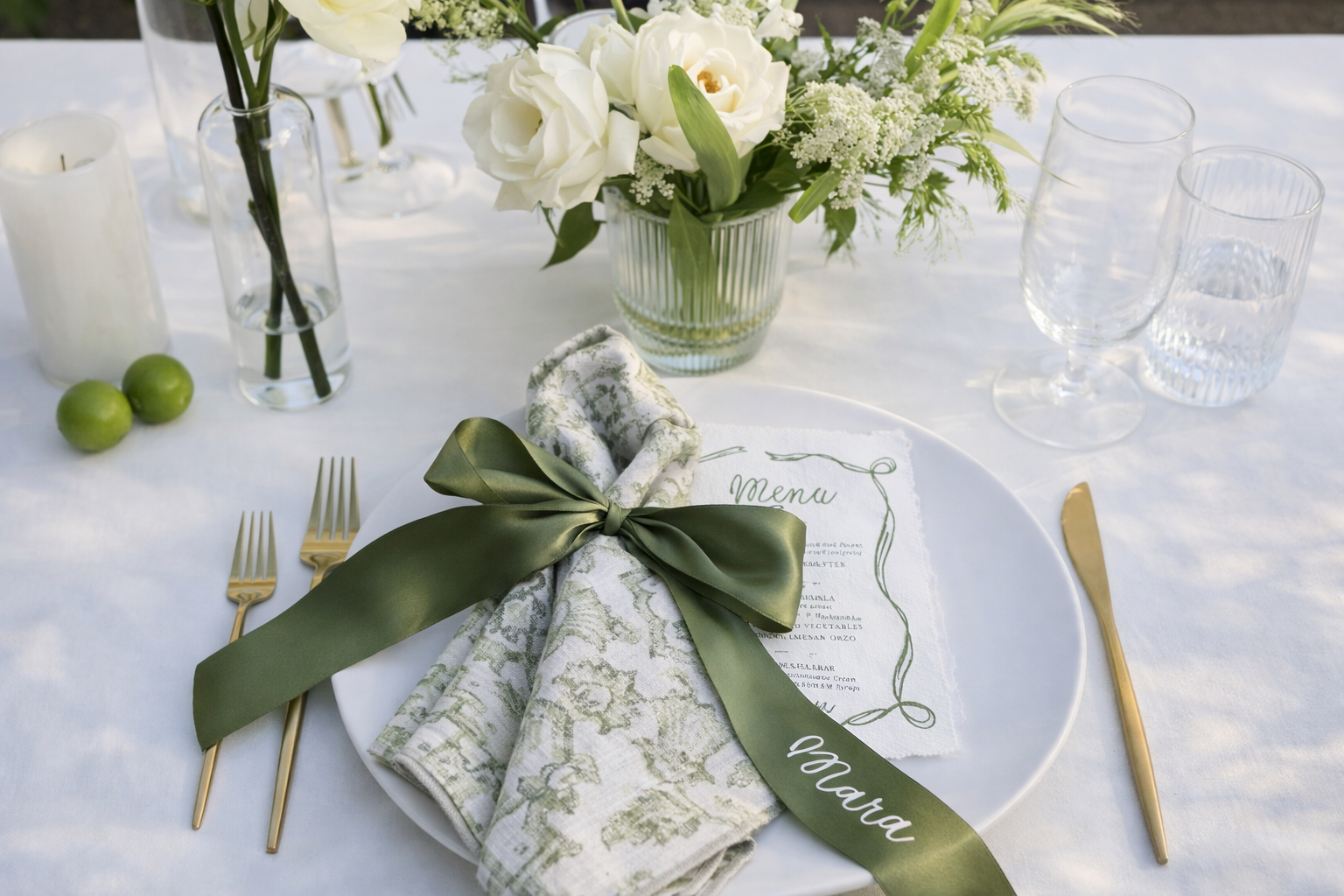 Set table with white tablecloth, gold cutlery, and glassware, featuring a napkin with a green ribbon, a flower arrangement with white flowers, and two green limes.
