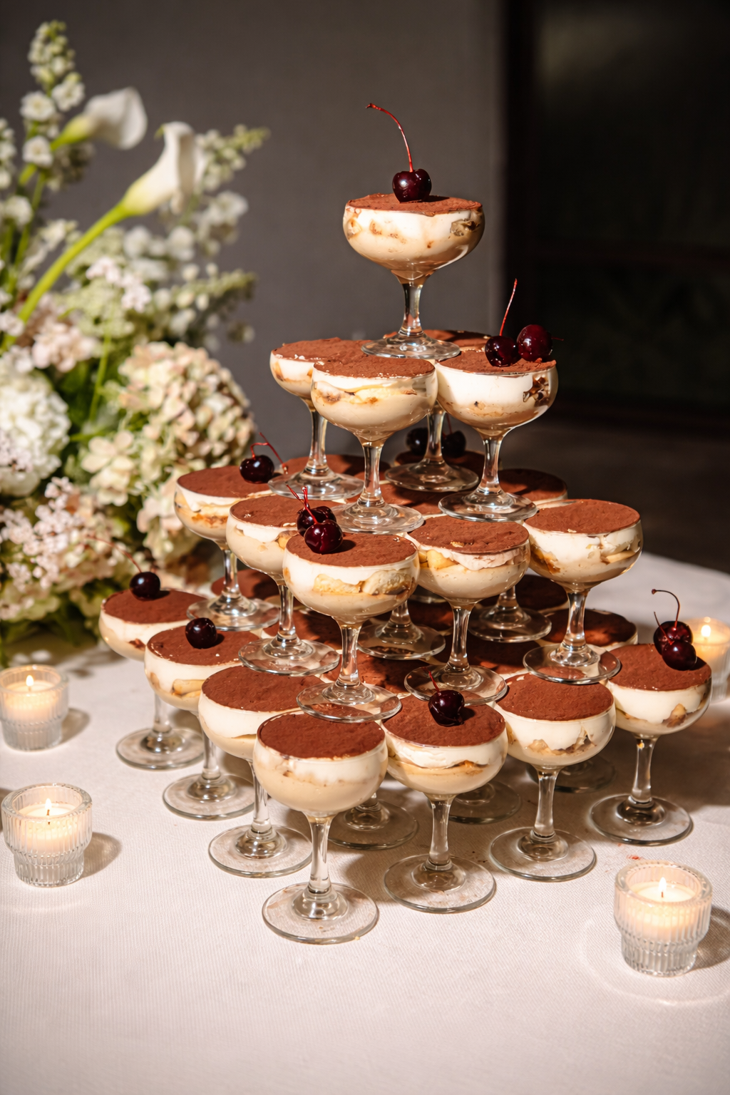 A pyramid of dessert glasses filled with tiramisu topped with cocoa powder and cherries, arranged on a white tablecloth with floral decorations and small candles.
