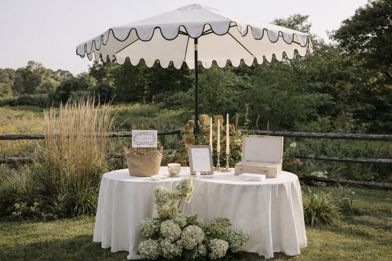 Outdoor table under a white umbrella with candles, flowers, framed documents, and decorative baskets, set in a garden with greenery and a wooden fence.