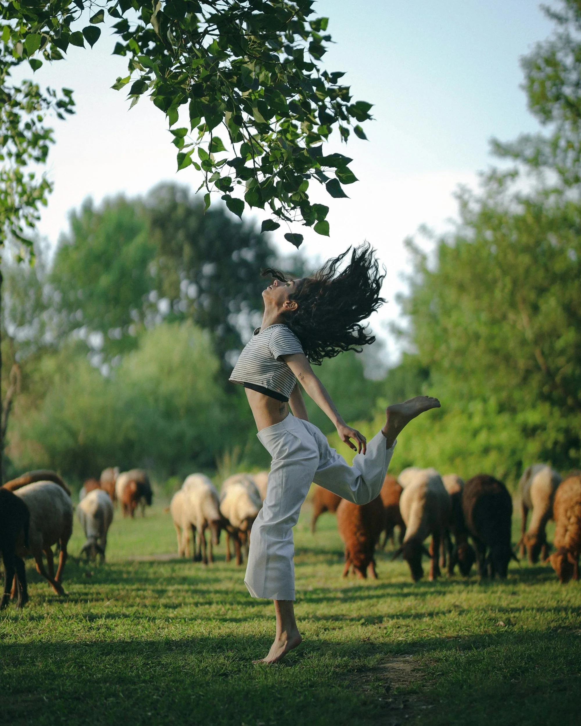 A woman with long curly hair is mid-air jumping with arms extended behind her, in a grassy outdoor setting with cows in the background, during daylight.