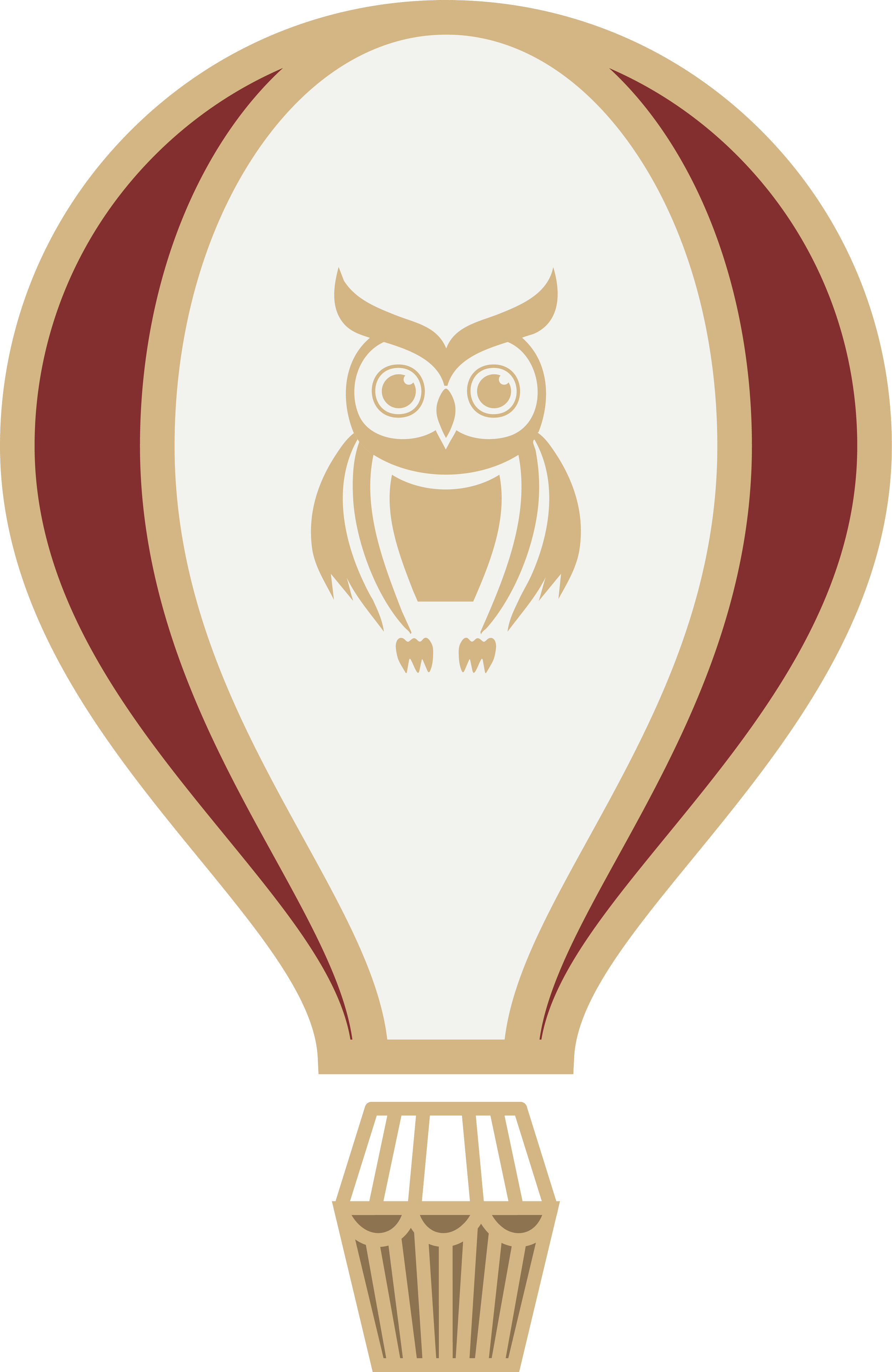 Illustration of a hot air balloon with an owl design, featuring maroon and beige colours.  A key symbol for Minerva Arts Supper Club, a private members club for high-earning women in London.