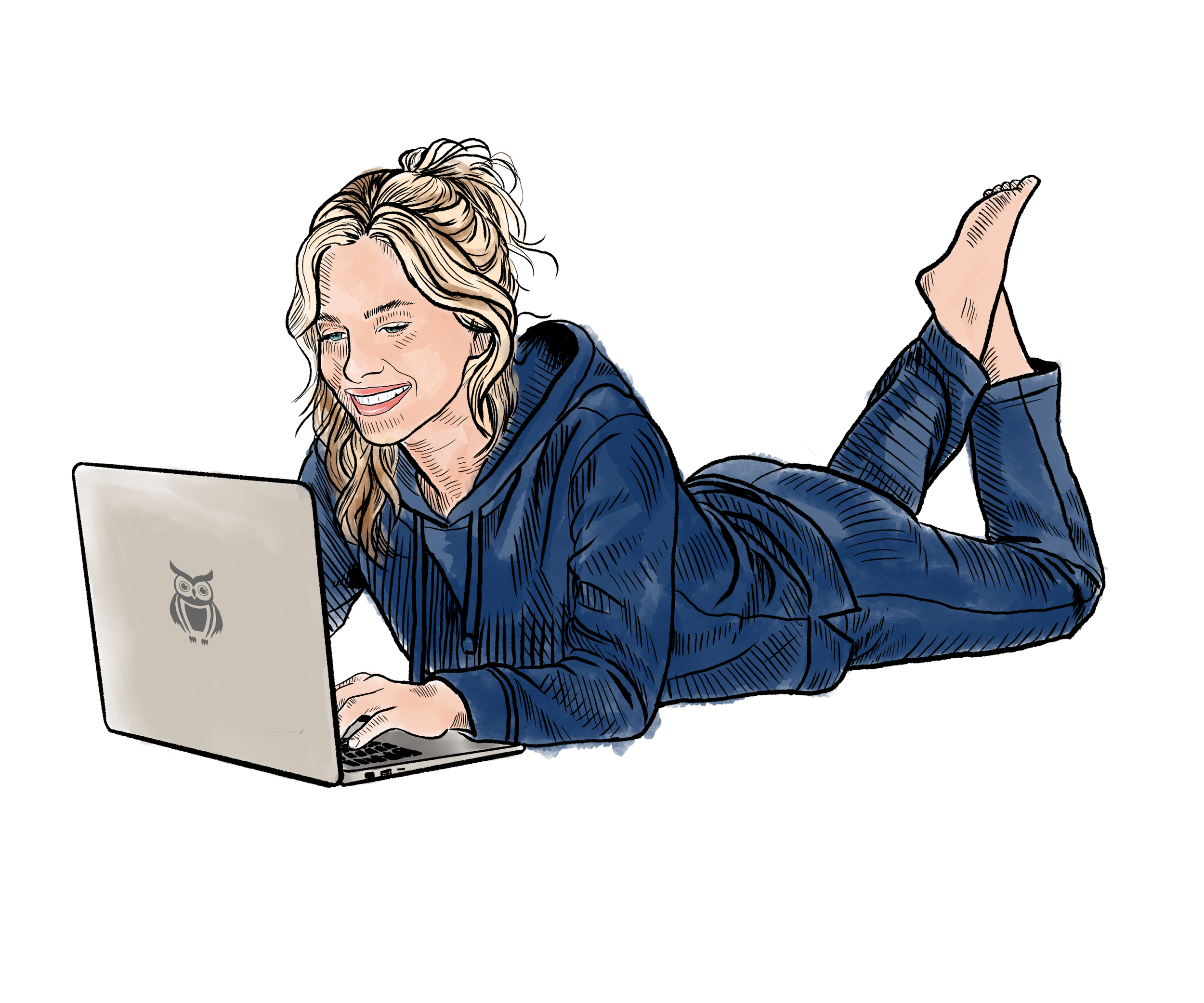 A woman with blonde hair laying on her stomach on a bed, smiling and looking at her laptop.