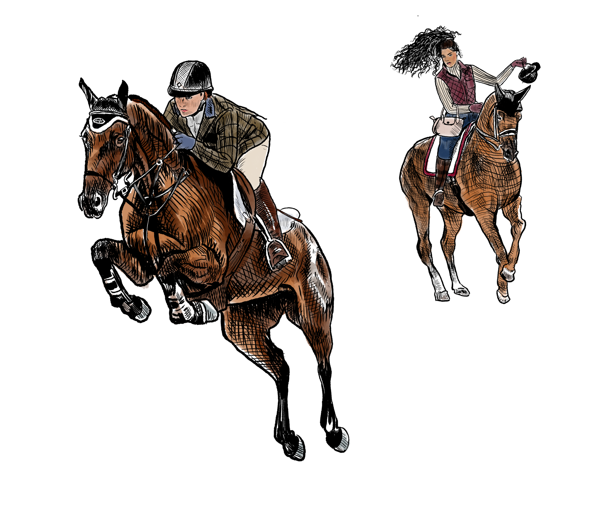 Illustration of two women riding brown horses while jumping over a hurdle, friends bonding over horseriding.