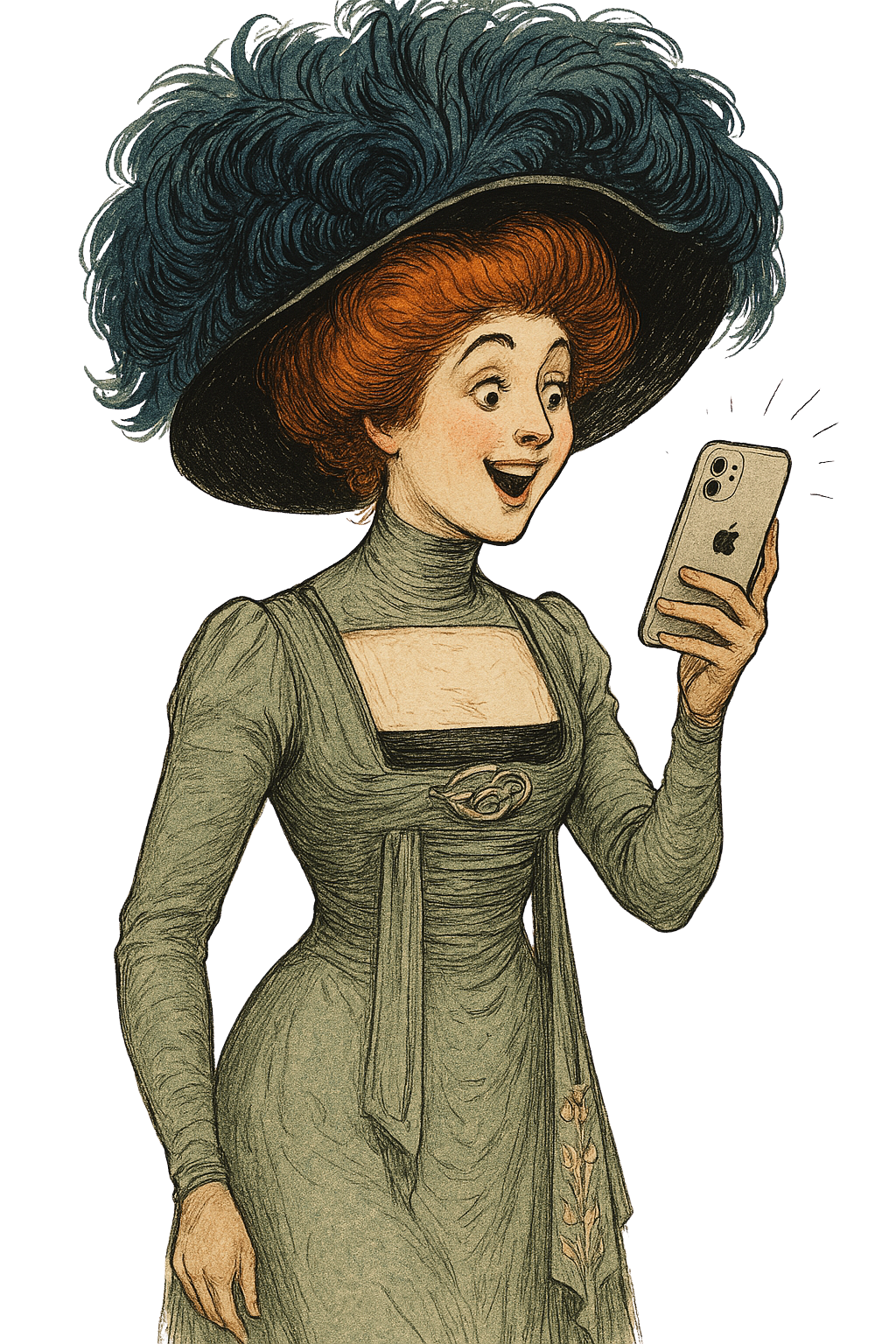 A vintage illustration of a woman in a 19th-century dress looking at an iPhone with an excited expression.